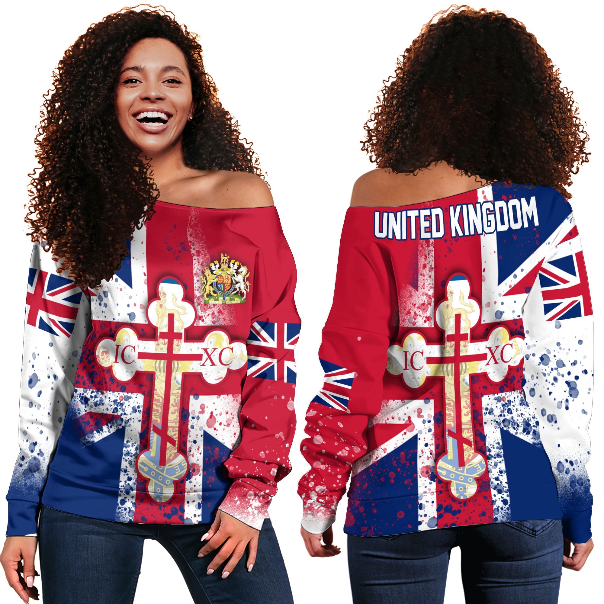 United Kingdom Women Off Shoulder Sweatshirt Flag & Coat Of Arms Orthodox Style