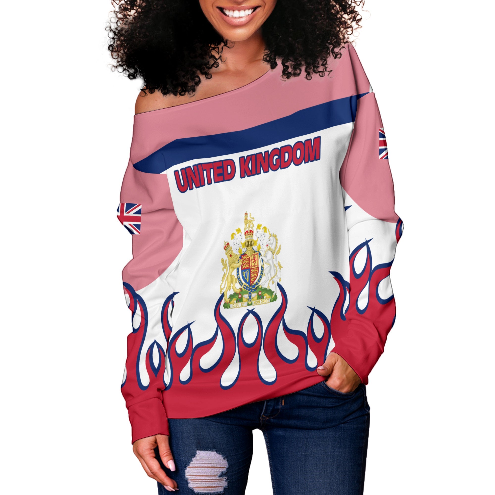 United Kingdom Women Off Shoulder Sweatshirt Flag & Coat Of Arms Fire Hockey Style