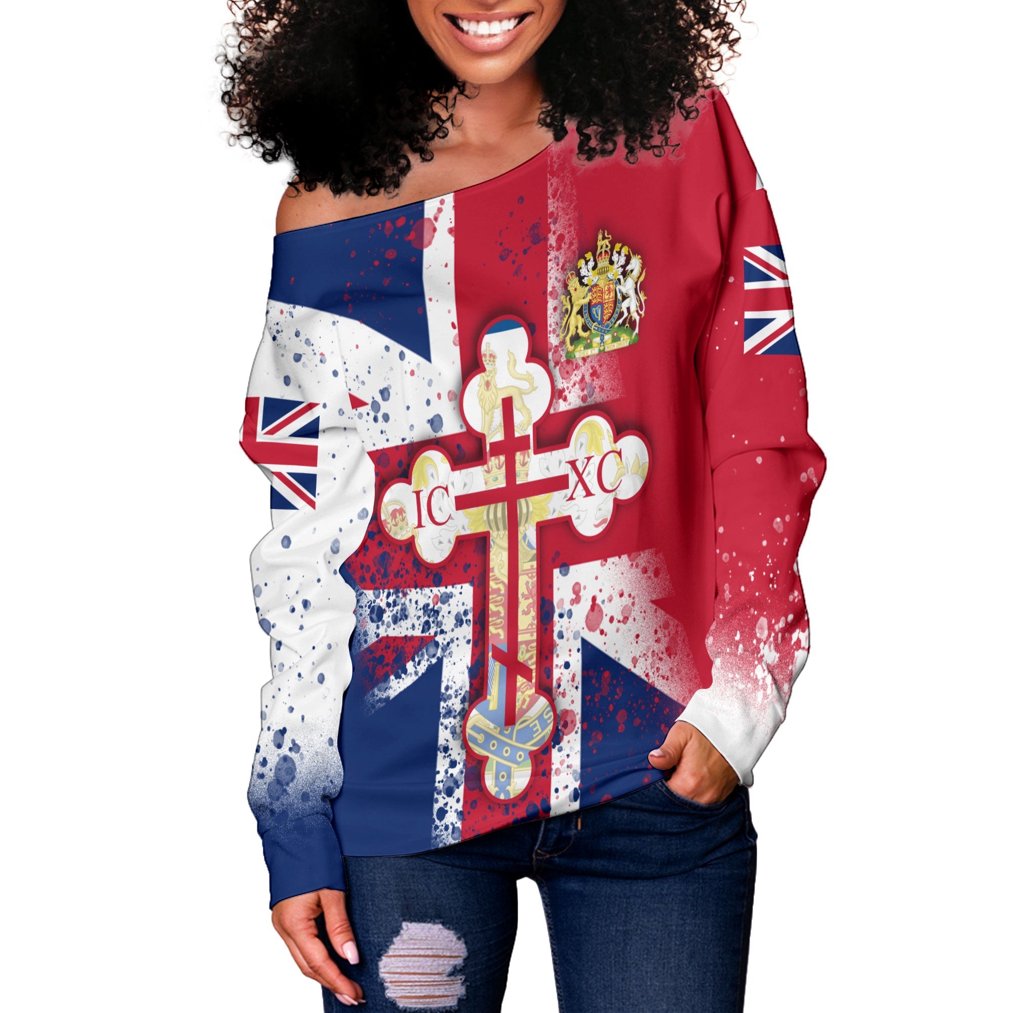 United Kingdom Women Off Shoulder Sweatshirt Flag & Coat Of Arms Orthodox Style