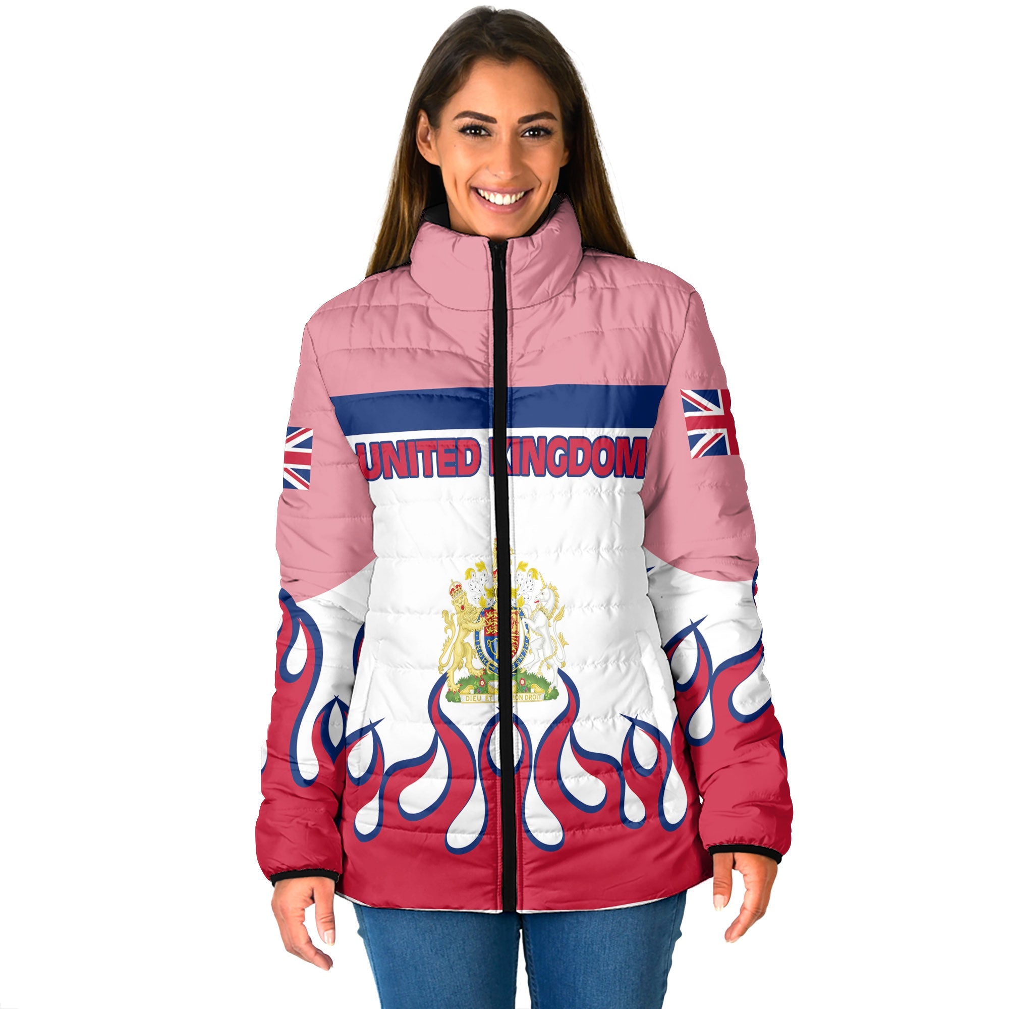 United Kingdom Women Padded Jacket Flag & Coat Of Arms Fire Hockey Style