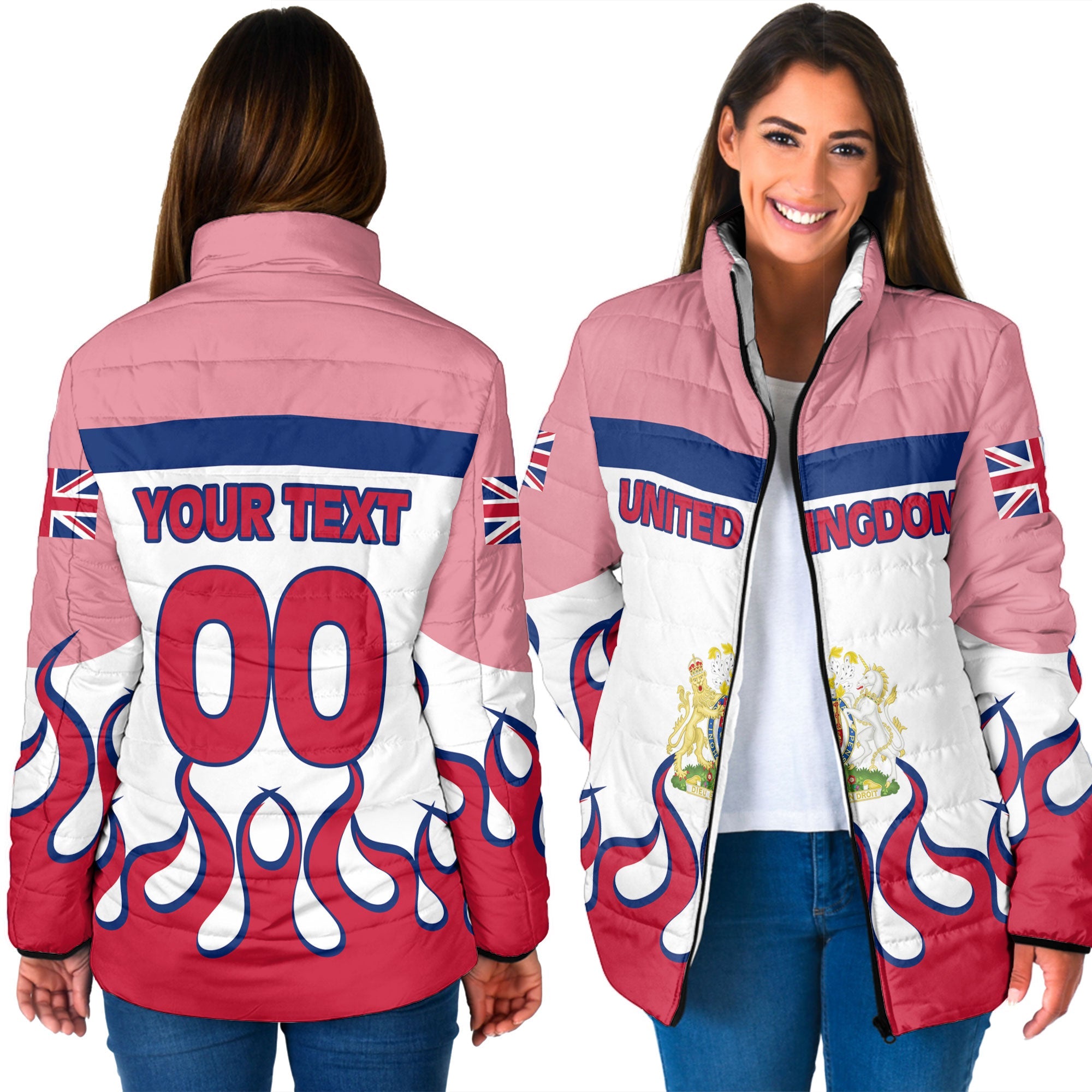 United Kingdom Women Padded Jacket Flag & Coat Of Arms Fire Hockey Style