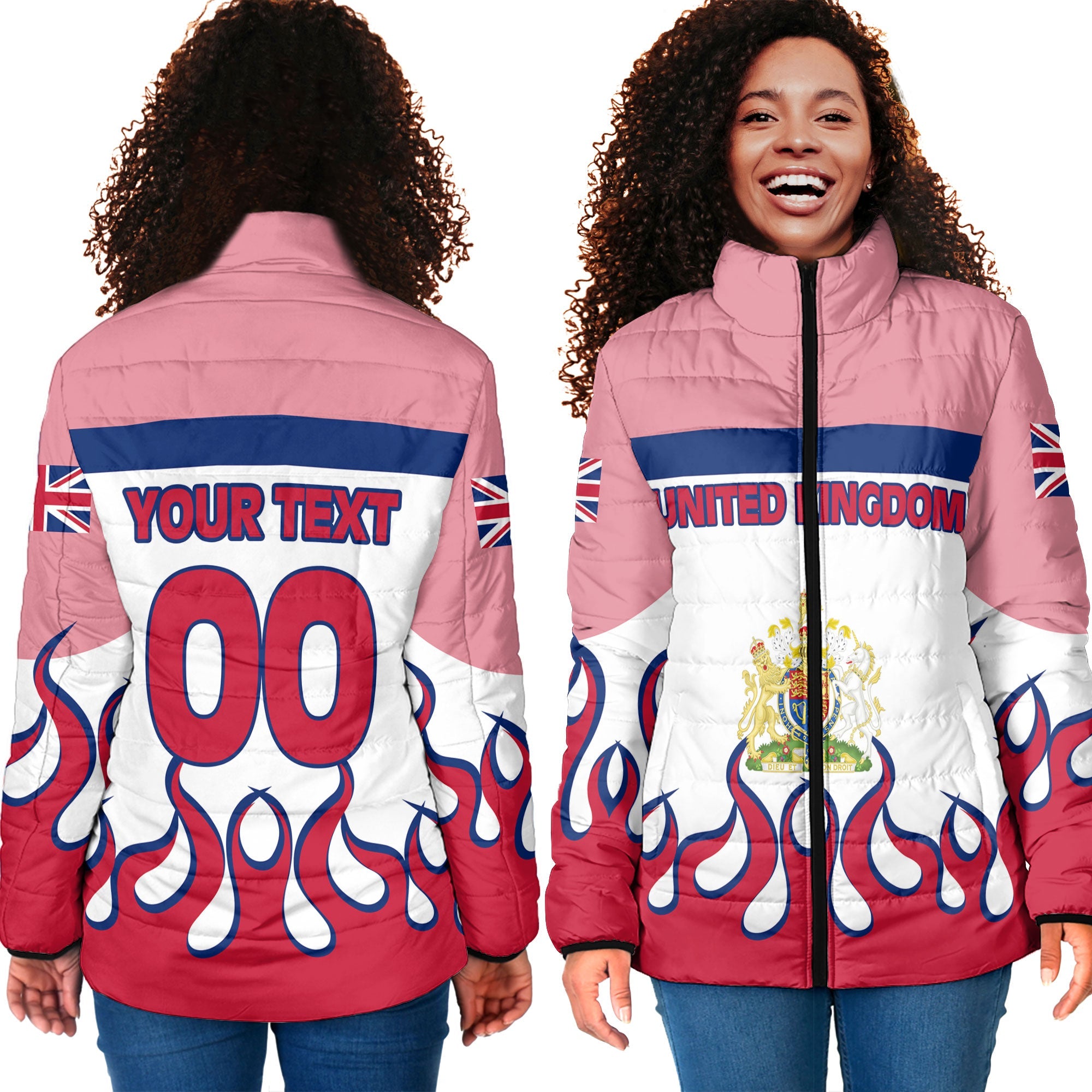 United Kingdom Women Padded Jacket Flag & Coat Of Arms Fire Hockey Style