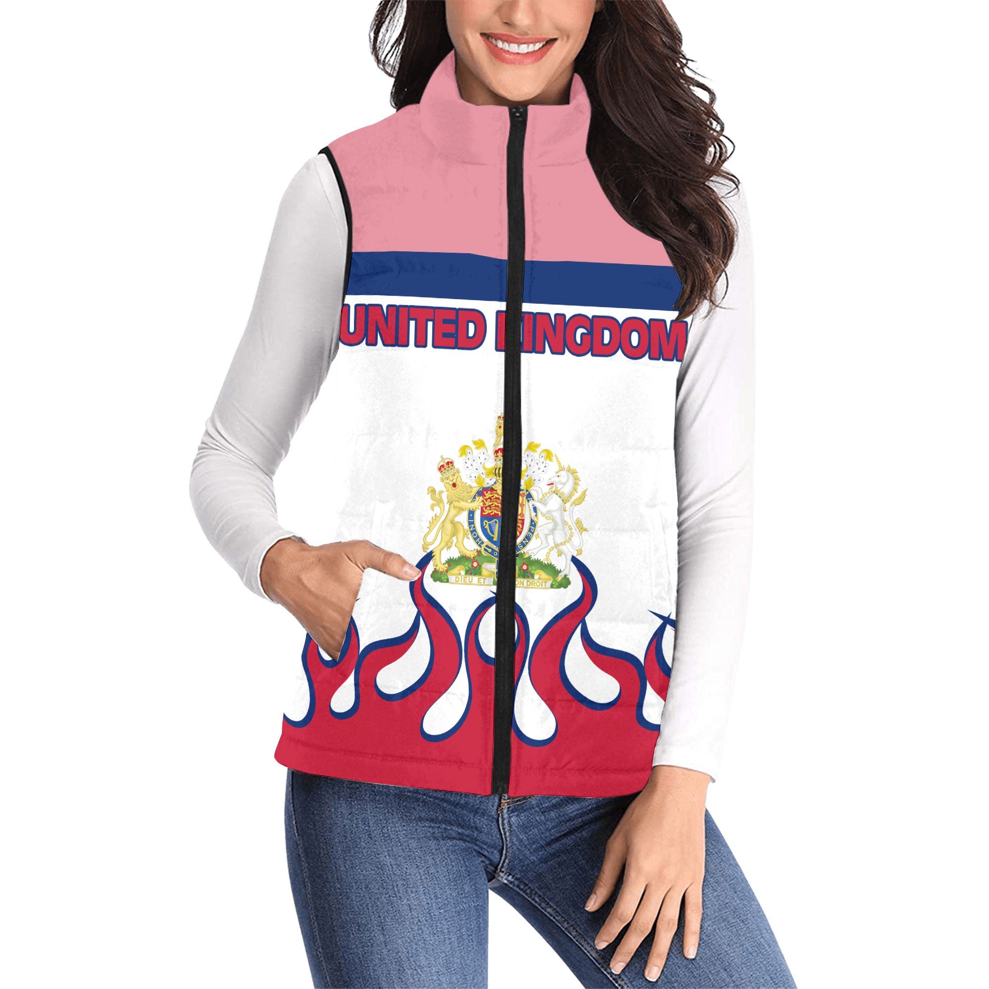 United Kingdom Women Padded Jacket Vest Flag & Coat Of Arms Fire Hockey Style