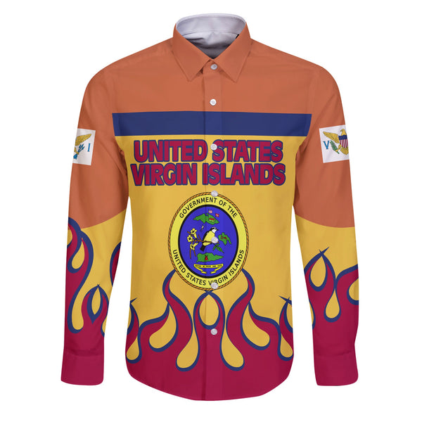 United States Virgin Islands Long Sleeve Button Shirt Flag & Coat Of Arms Fire Hockey Style