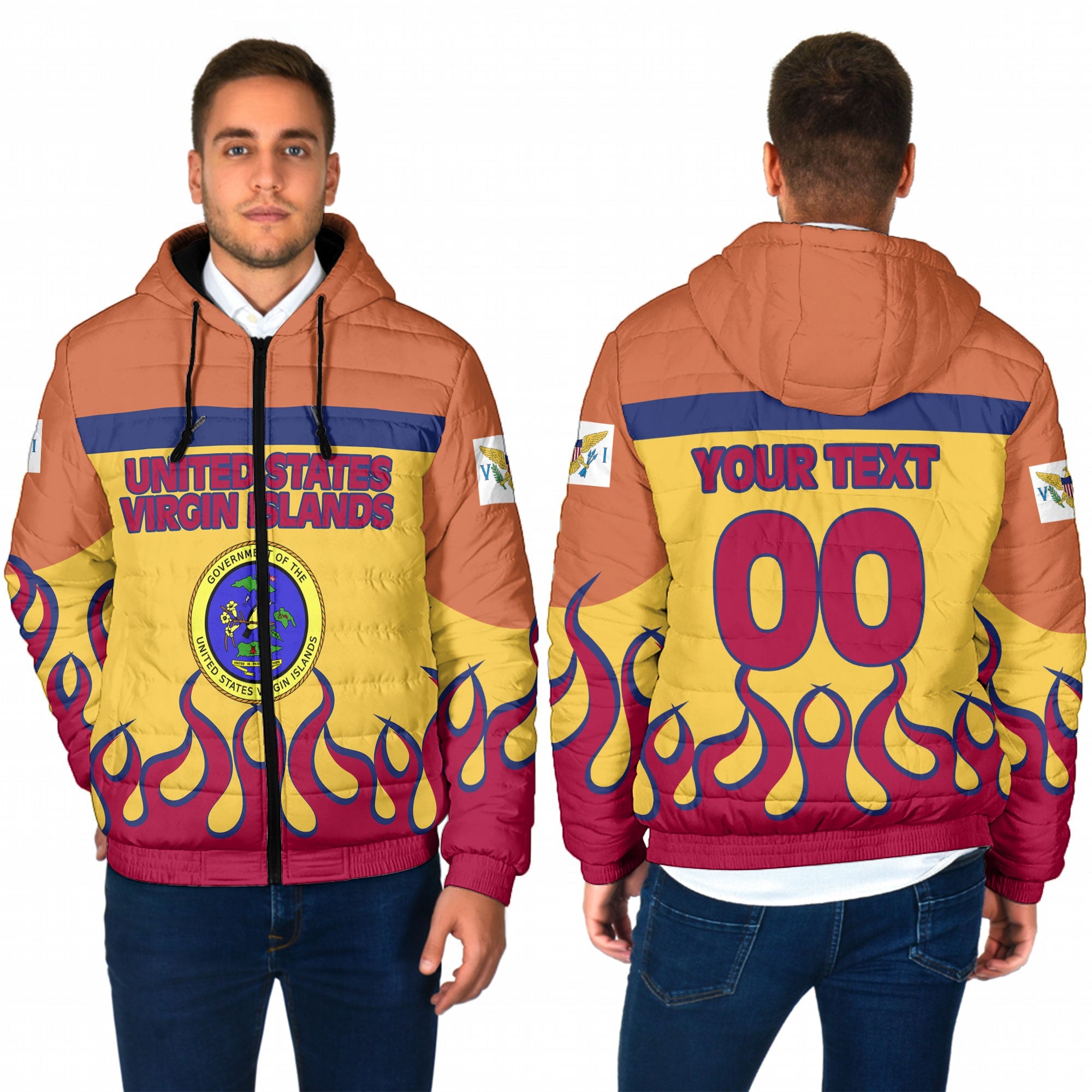 United States Virgin Islands Men Hooded Padded Jacket Flag & Coat Of Arms Fire Hockey Style