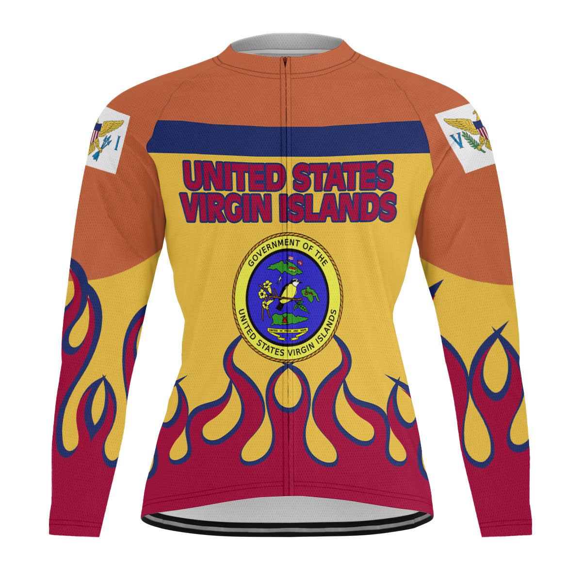 United States Virgin Islands Men's Cycling Jersey Long Sleeve Flag & Coat Of Arms Fire Hockey Style