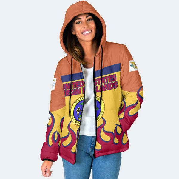 United States Virgin Islands Women Hooded Padded Jacket Flag & Coat Of Arms Fire Hockey Style