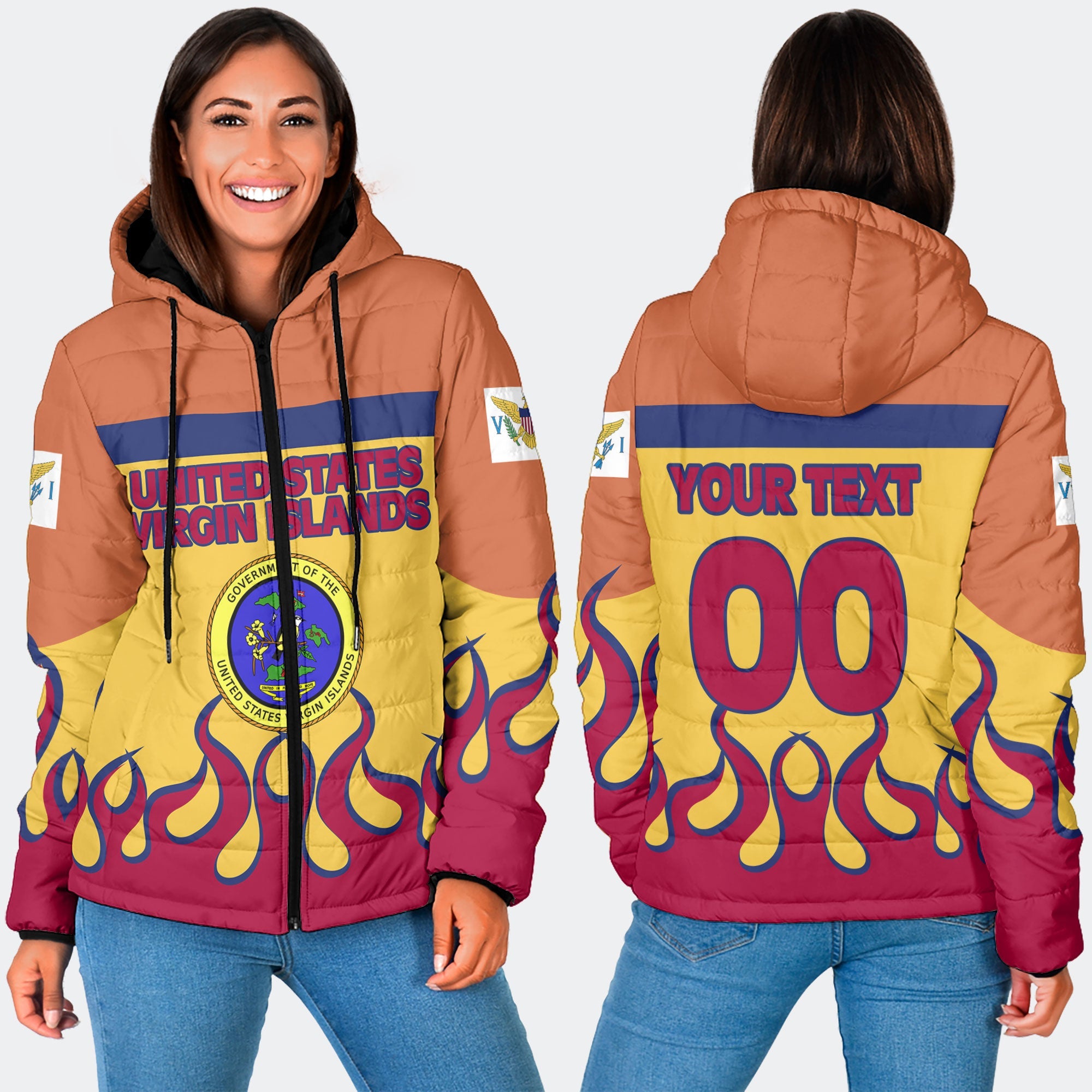 United States Virgin Islands Women Hooded Padded Jacket Flag & Coat Of Arms Fire Hockey Style