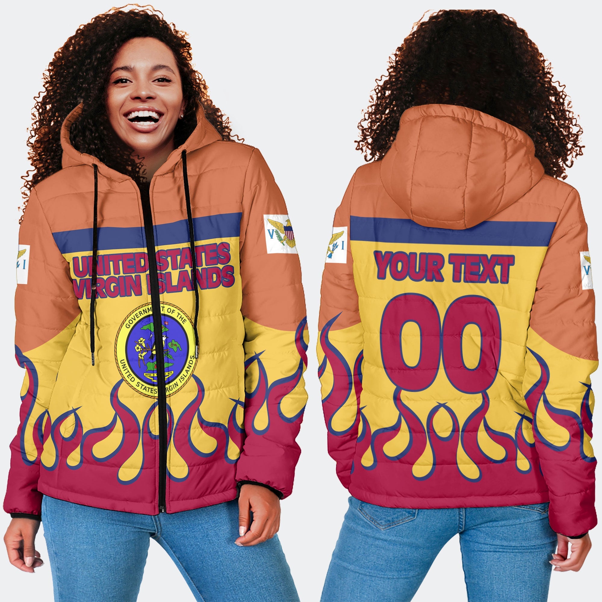 United States Virgin Islands Women Hooded Padded Jacket Flag & Coat Of Arms Fire Hockey Style