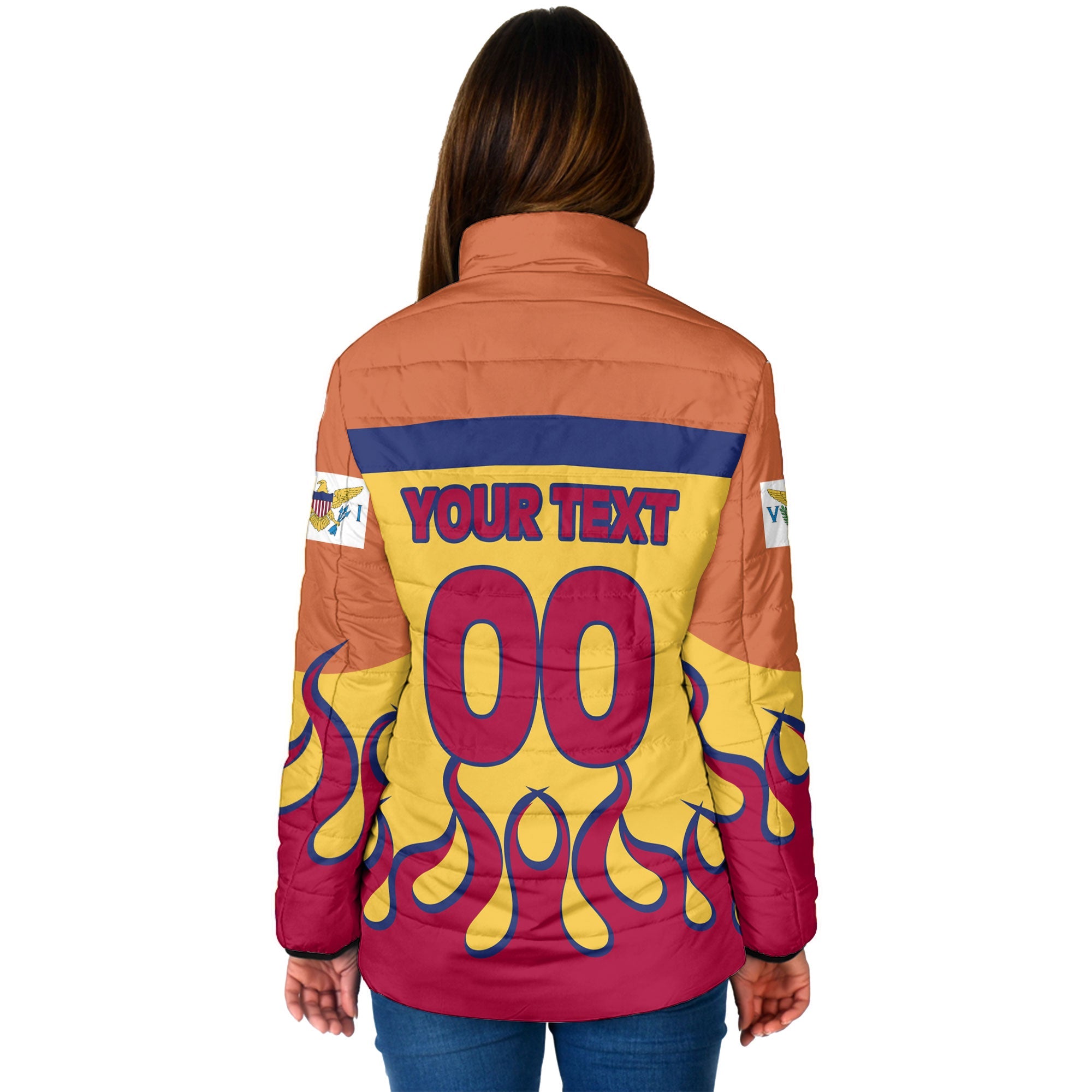 United States Virgin Islands Women Padded Jacket Flag & Coat Of Arms Fire Hockey Style