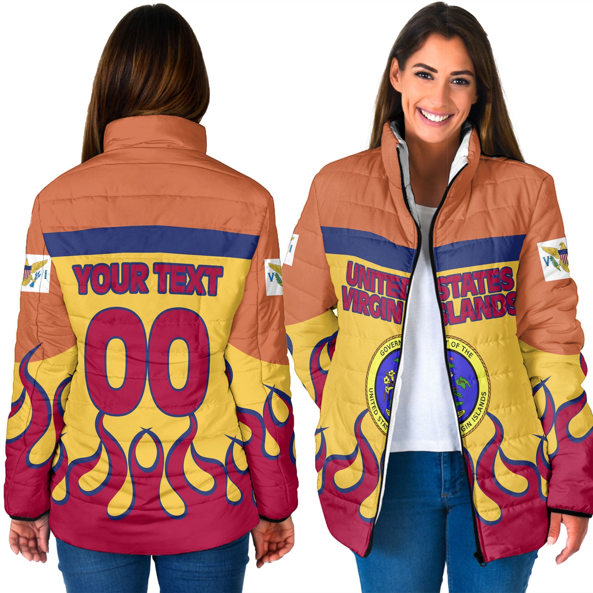 United States Virgin Islands Women Padded Jacket Flag & Coat Of Arms Fire Hockey Style