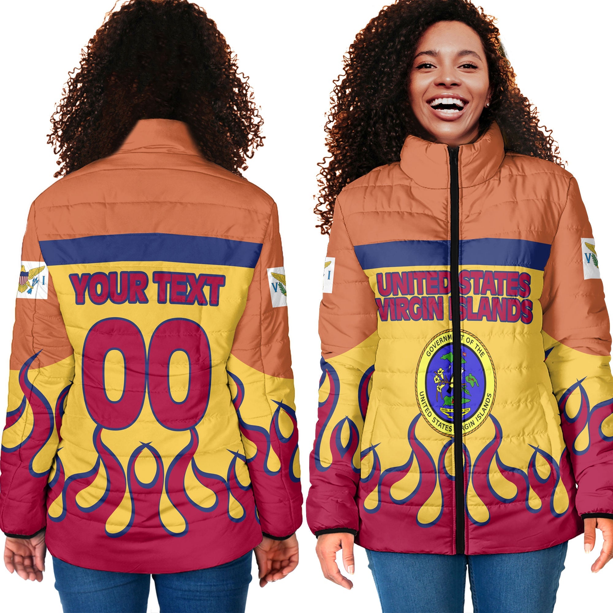 United States Virgin Islands Women Padded Jacket Flag & Coat Of Arms Fire Hockey Style