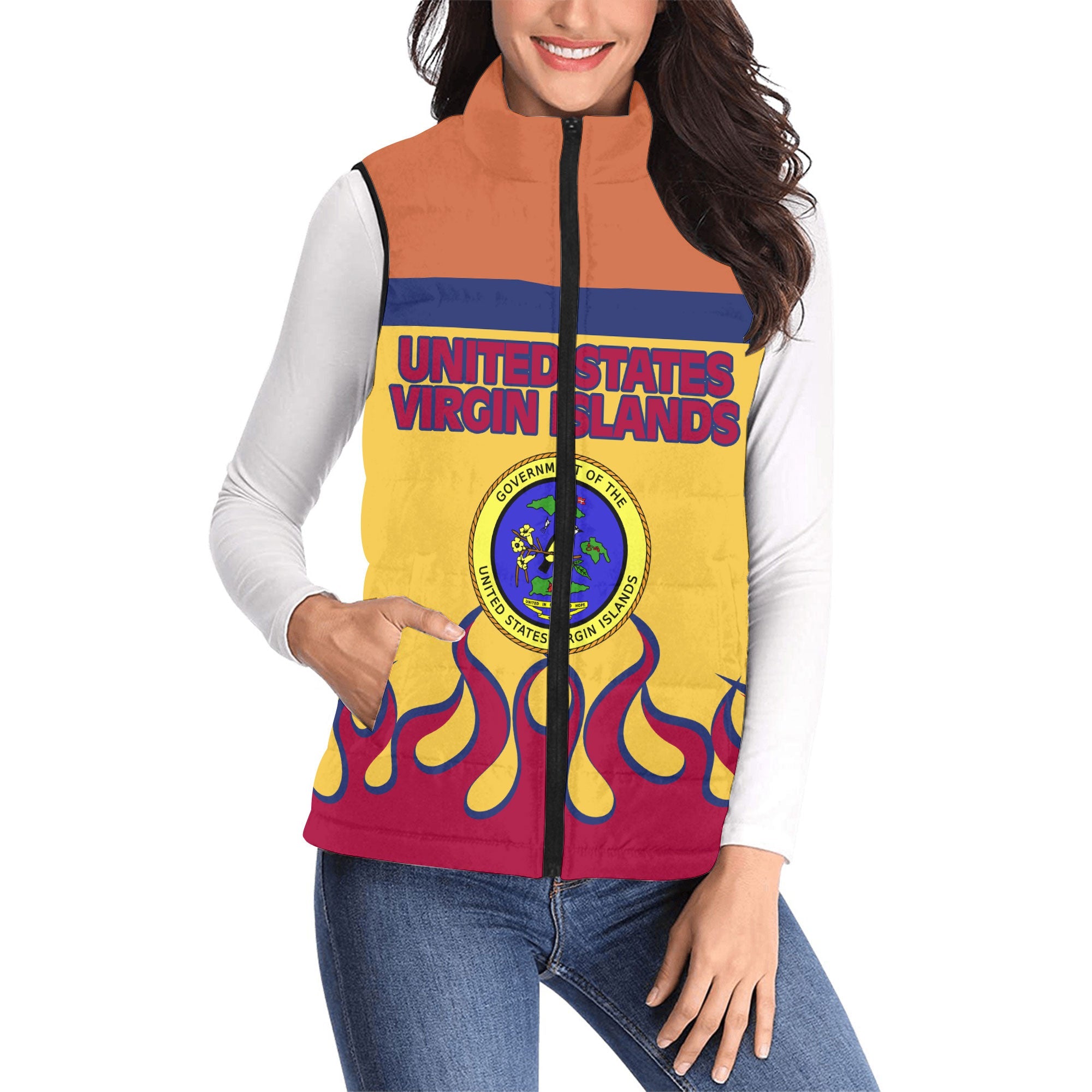 United States Virgin Islands Women Padded Jacket Vest Flag & Coat Of Arms Fire Hockey Style