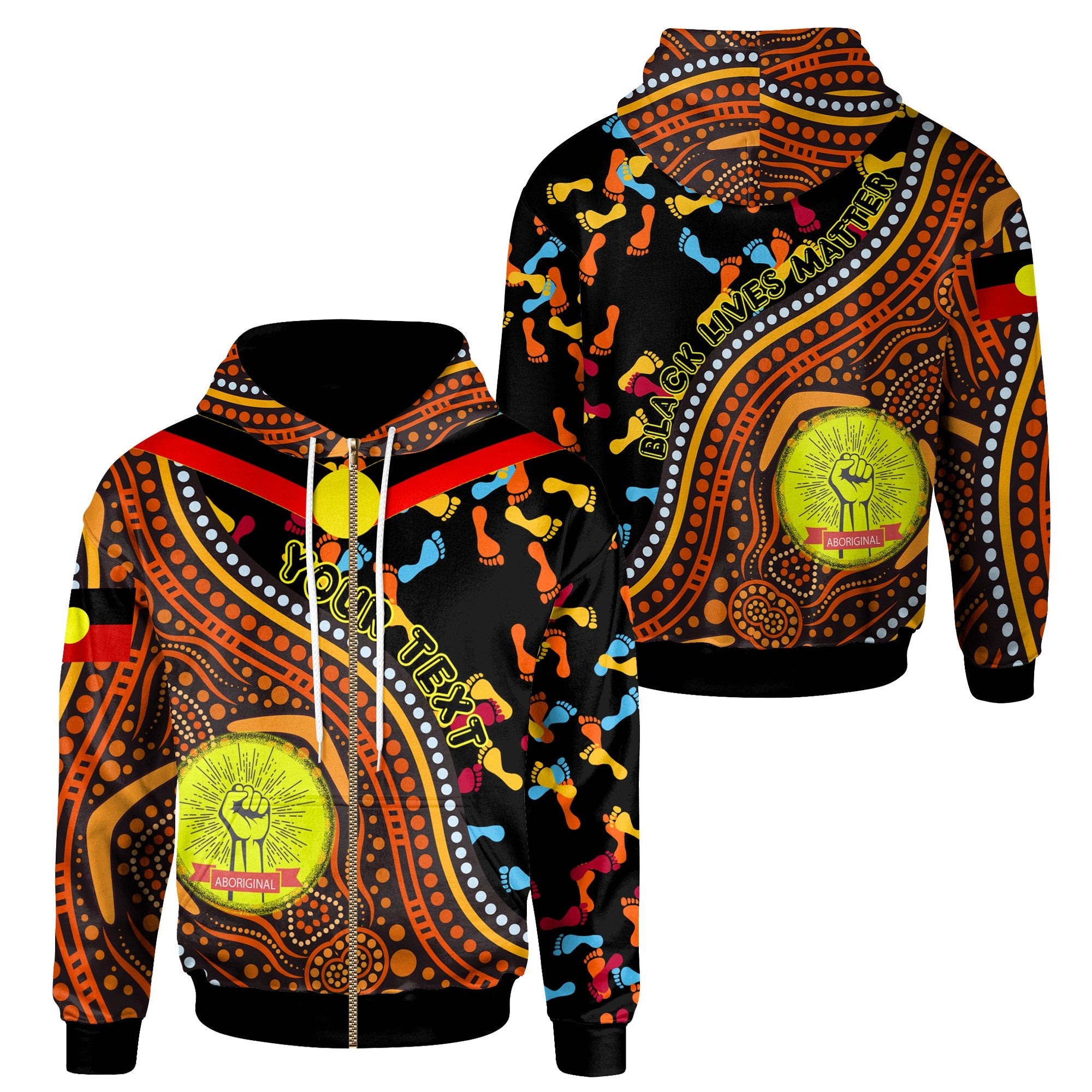 (Custom) Zip Hoodie - Aboriginal Style & Flag, Black Live Matter