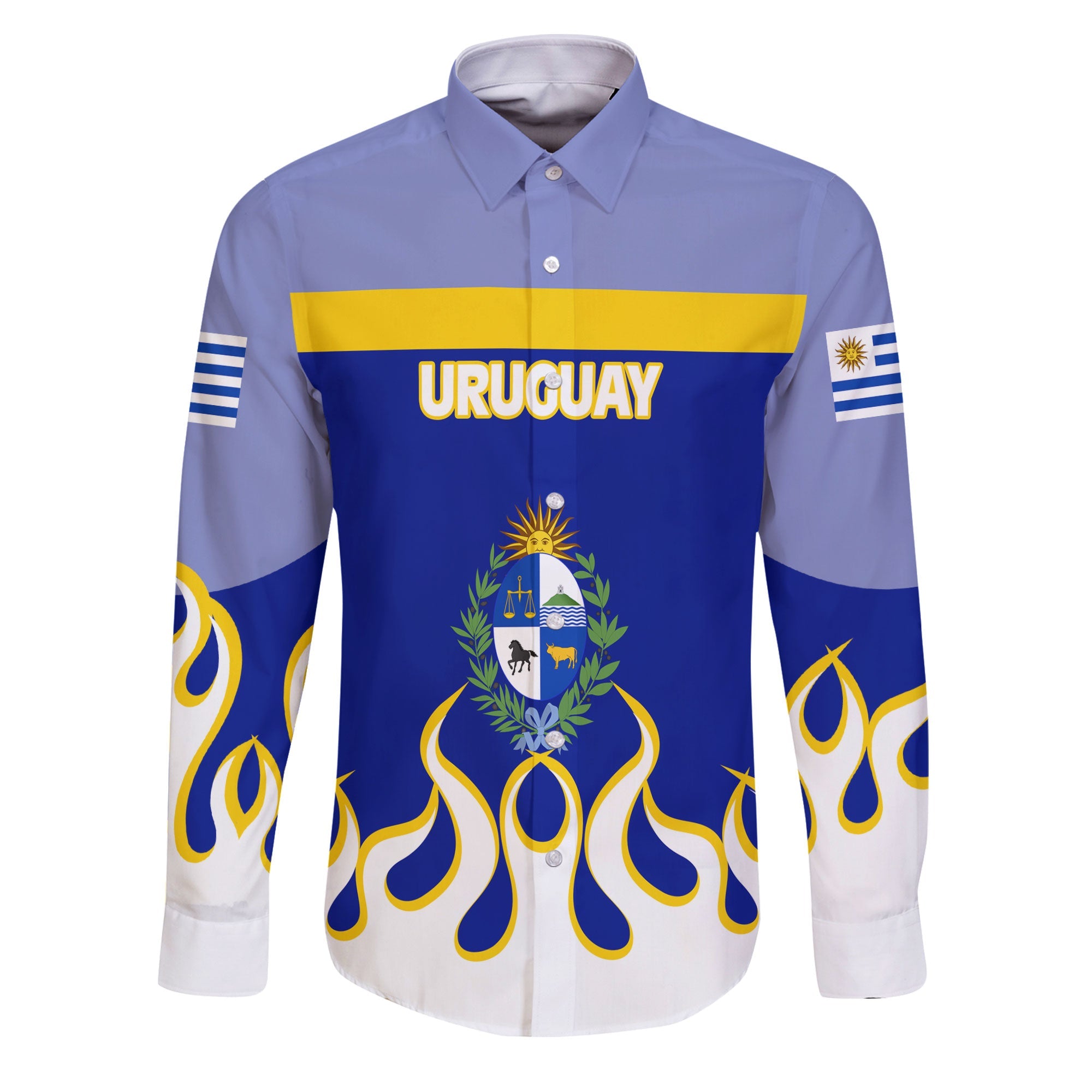 Uruguay Long Sleeve Button Shirt Flag & Coat Of Arms Fire Hockey Style