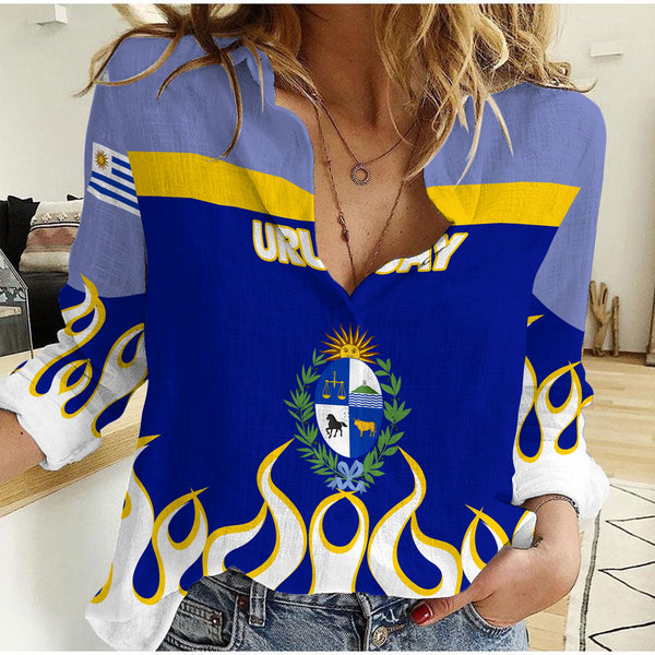 Uruguay Women Casual Shirt Flag & Coat Of Arms Fire Hockey Style