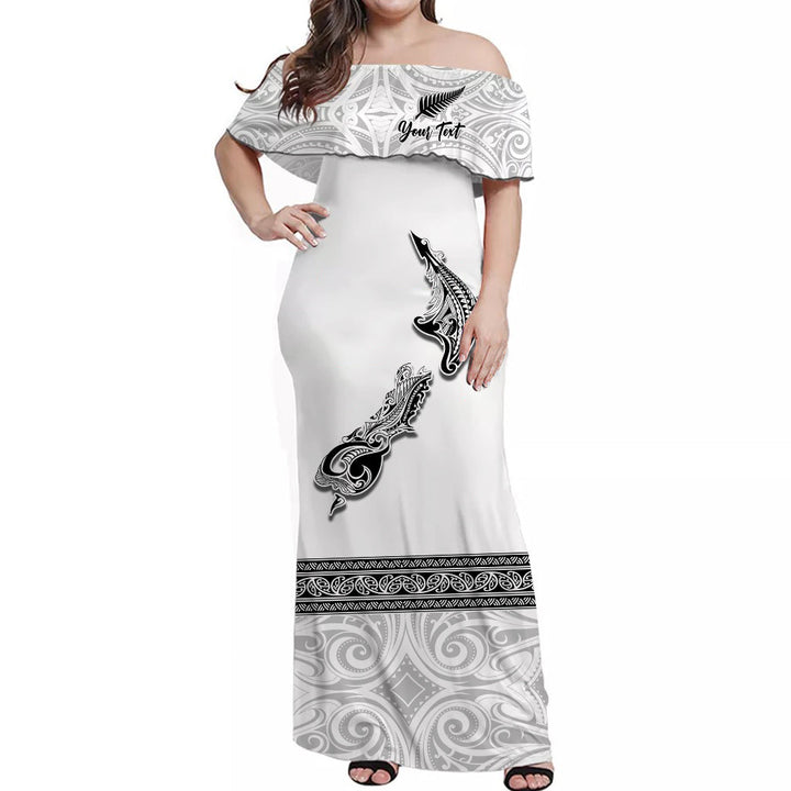 (Custom Personalised) New Zealand Off Shoulder Long Dress Maori Fern and Map White LT13