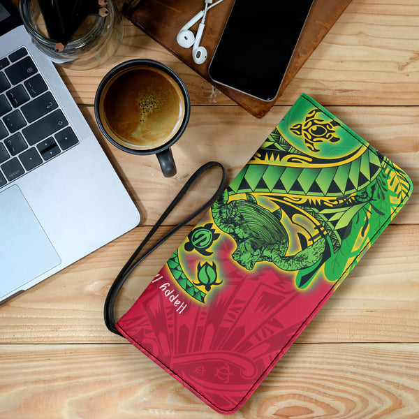 Custom Vanuatu Clutch Purse Polynesian Happy Independence Day Turtle Wave