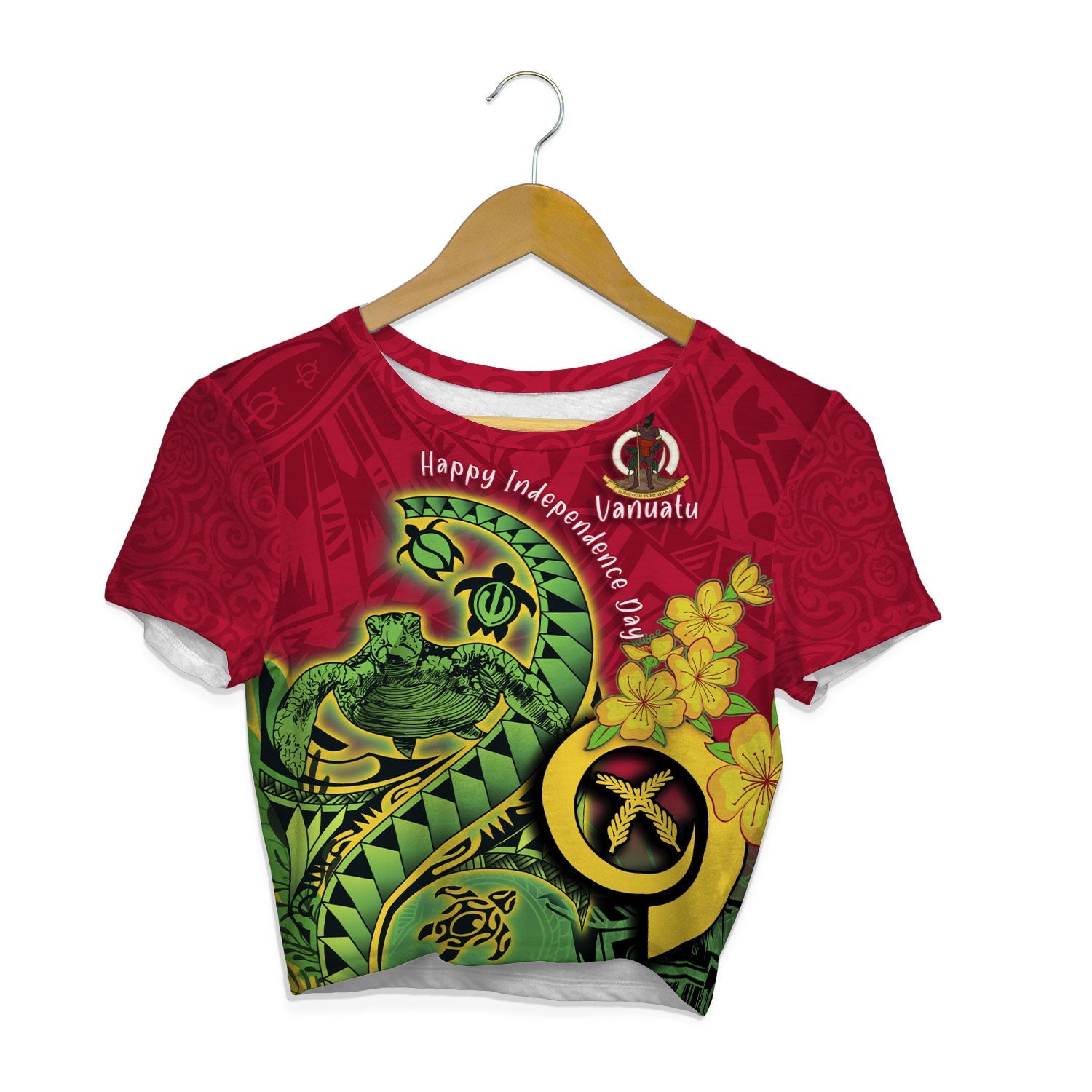 Custom Vanuatu Crop Top T Shirt Polynesian Happy Independence Day Turtle Wave