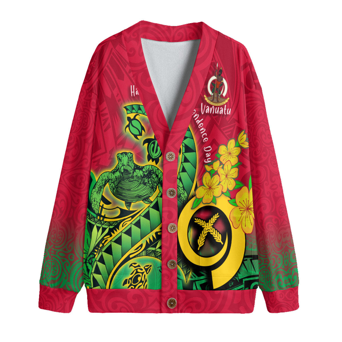 Custom Vanuatu Fleece Cardigan Polynesian Happy Independence Day Turtle Wave