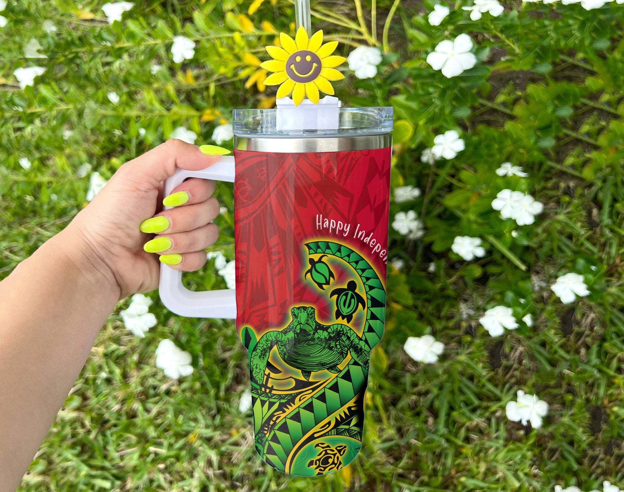 Custom Vanuatu Handle Tumbler Polynesian Happy Independence Day Turtle Wave