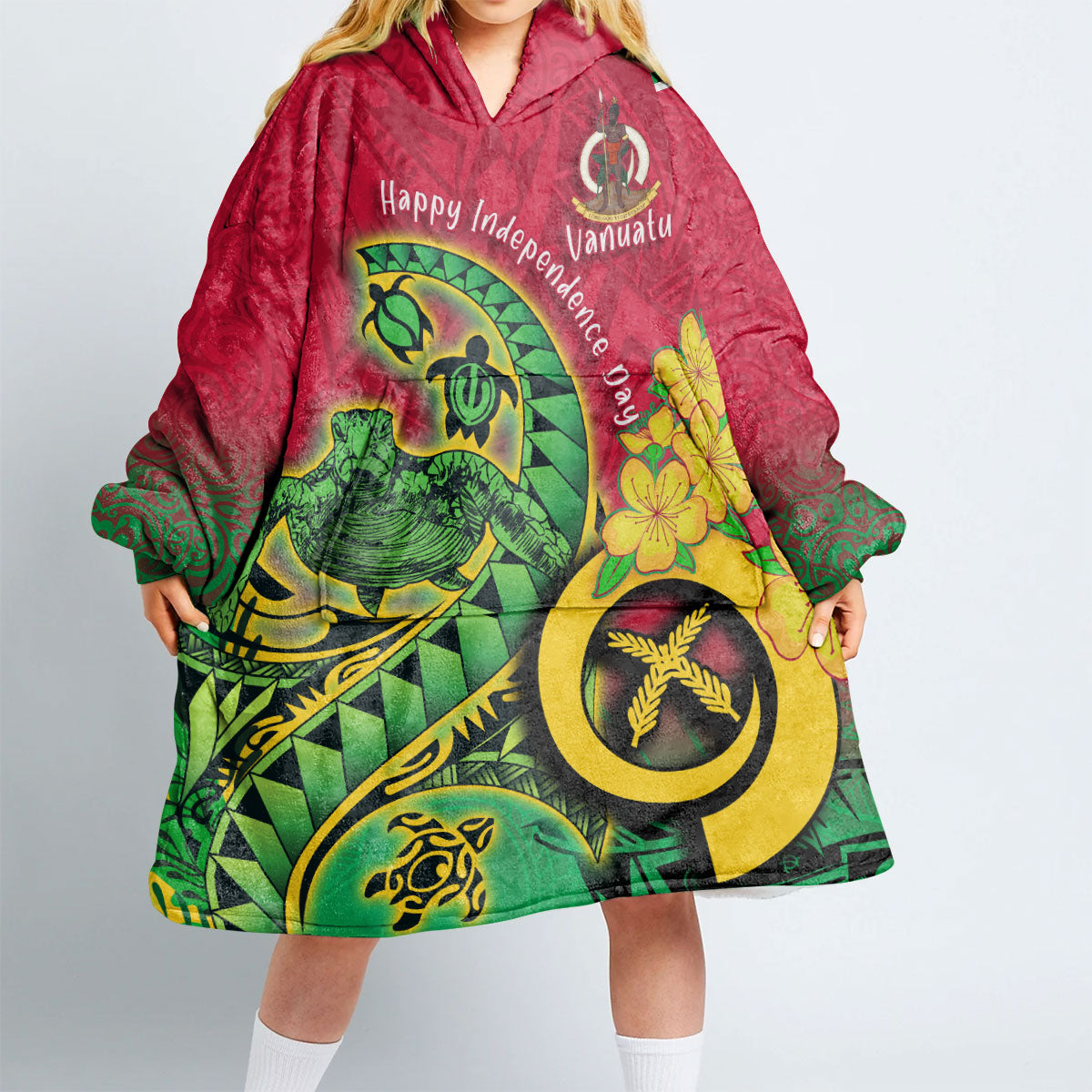 Custom Vanuatu Hoodie Blanket Polynesian Happy Independence Day Turtle Wave