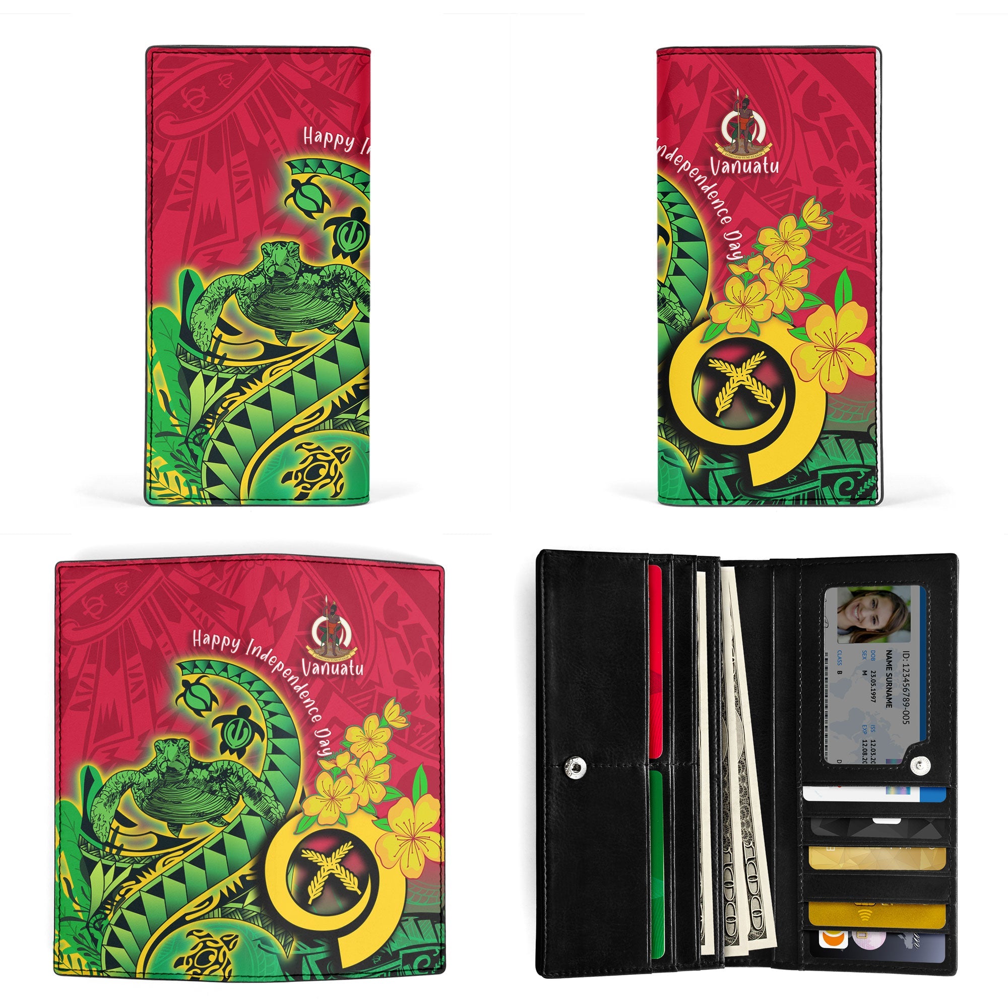 Custom Vanuatu Leather Wallet Polynesian Happy Independence Day Turtle Wave