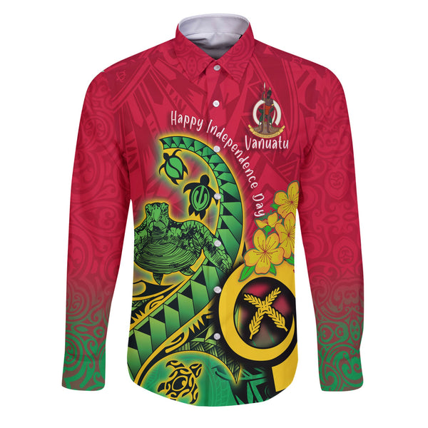 Custom Vanuatu Long Sleeve Button Shirt Polynesian Happy Independence Day Turtle Wave