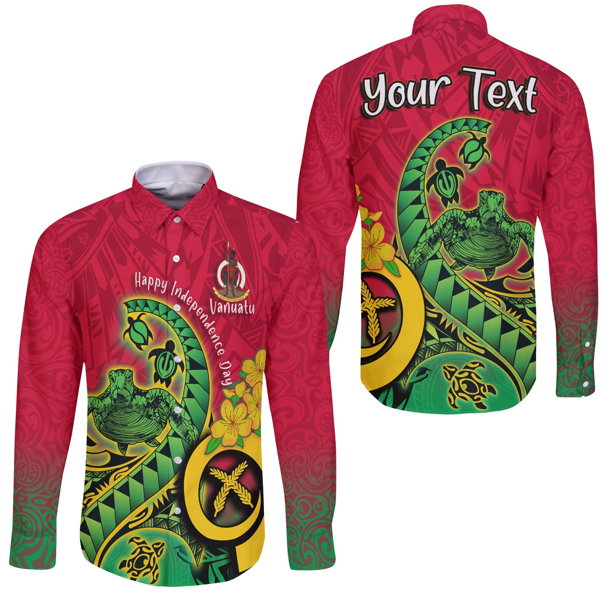 Custom Vanuatu Long Sleeve Button Shirt Polynesian Happy Independence Day Turtle Wave