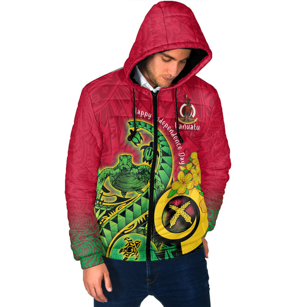 Custom Vanuatu Men Hooded Padded Jacket Polynesian Happy Independence Day Turtle Wave