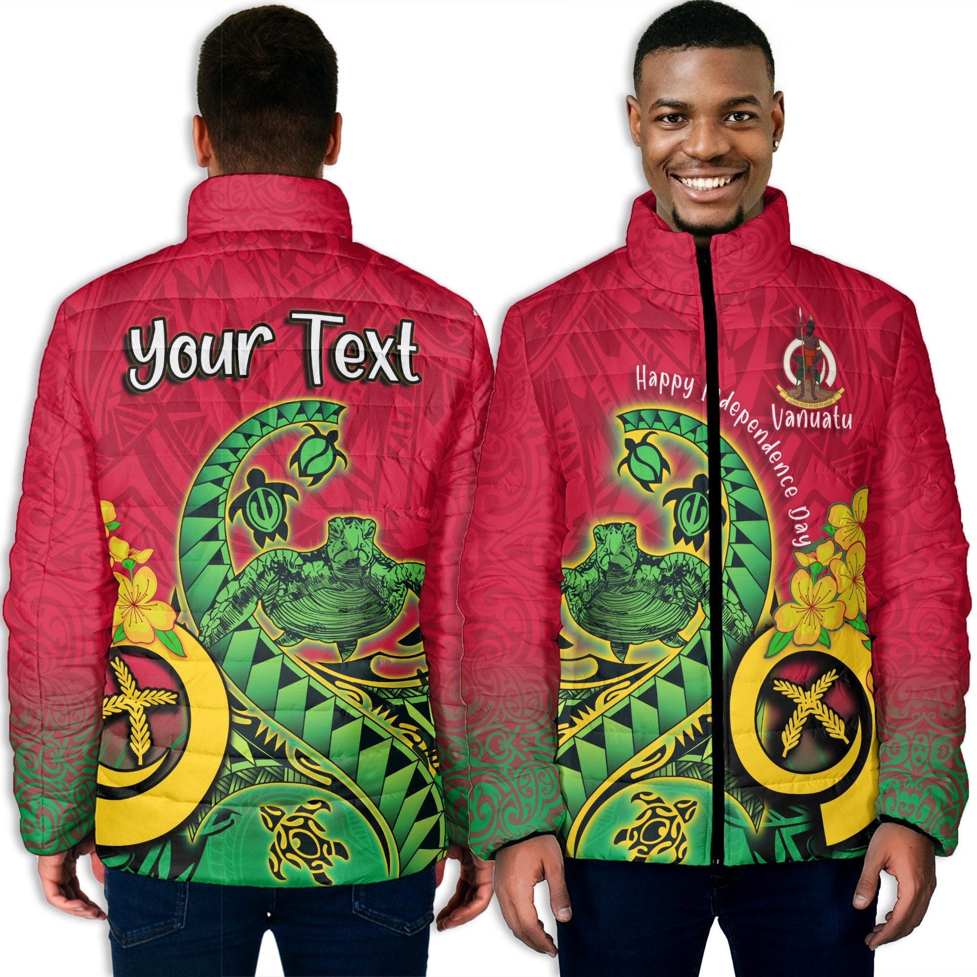 Custom Vanuatu Men Padded Jacket Polynesian Happy Independence Day Turtle Wave