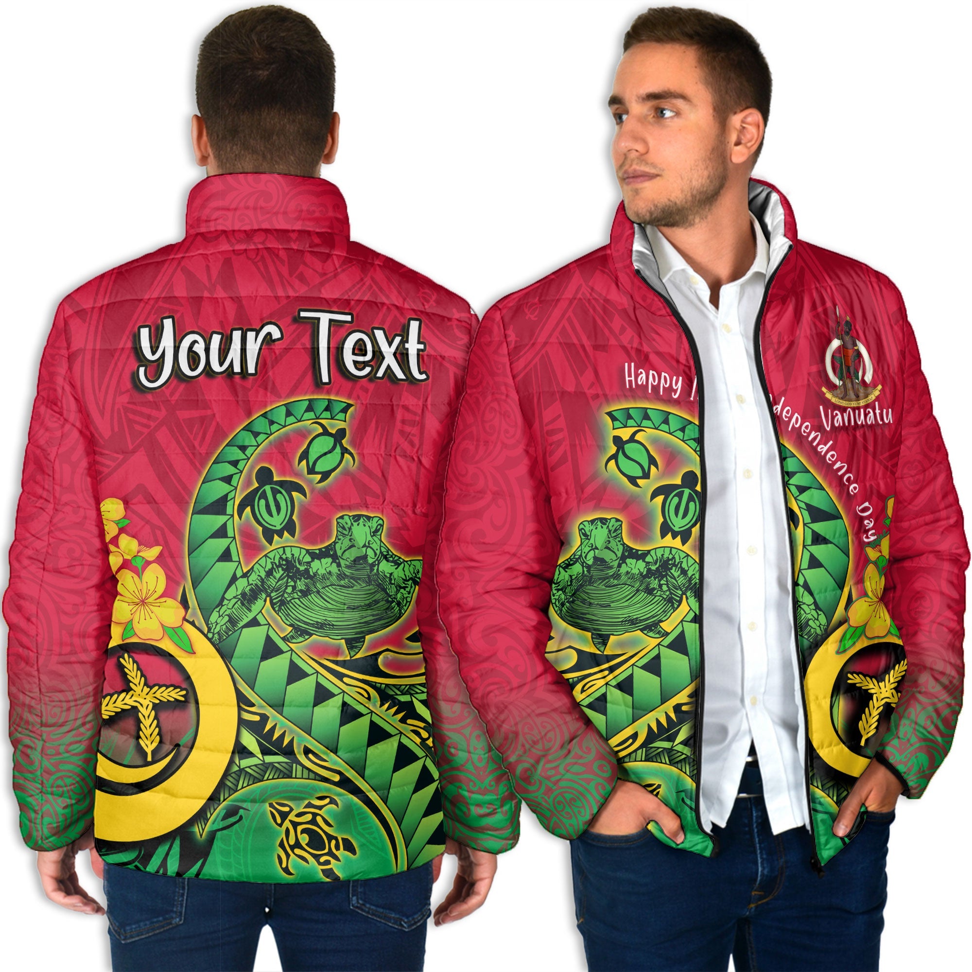 Custom Vanuatu Men Padded Jacket Polynesian Happy Independence Day Turtle Wave