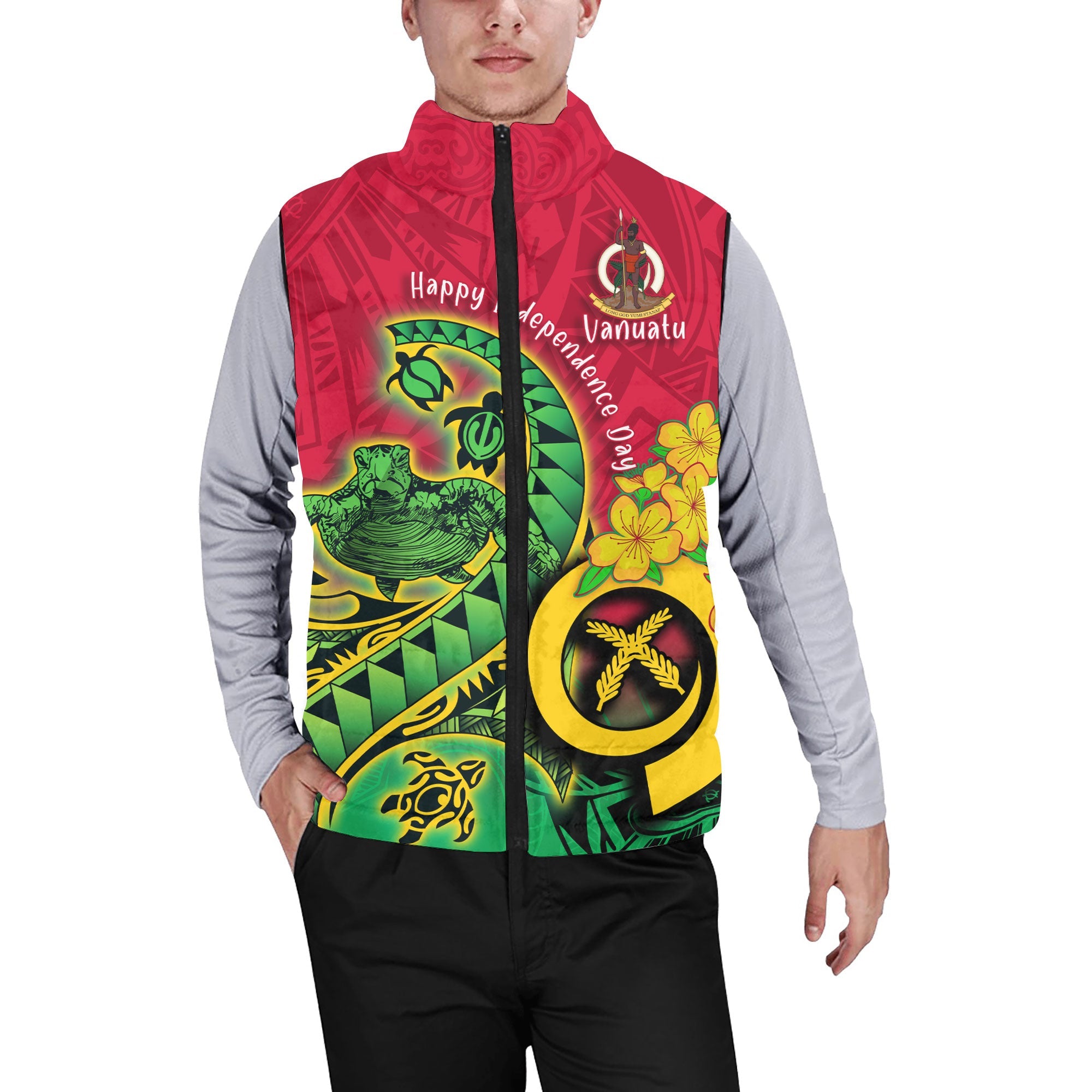 Custom Vanuatu Men Padded Jacket Vest Polynesian Happy Independence Day Turtle Wave