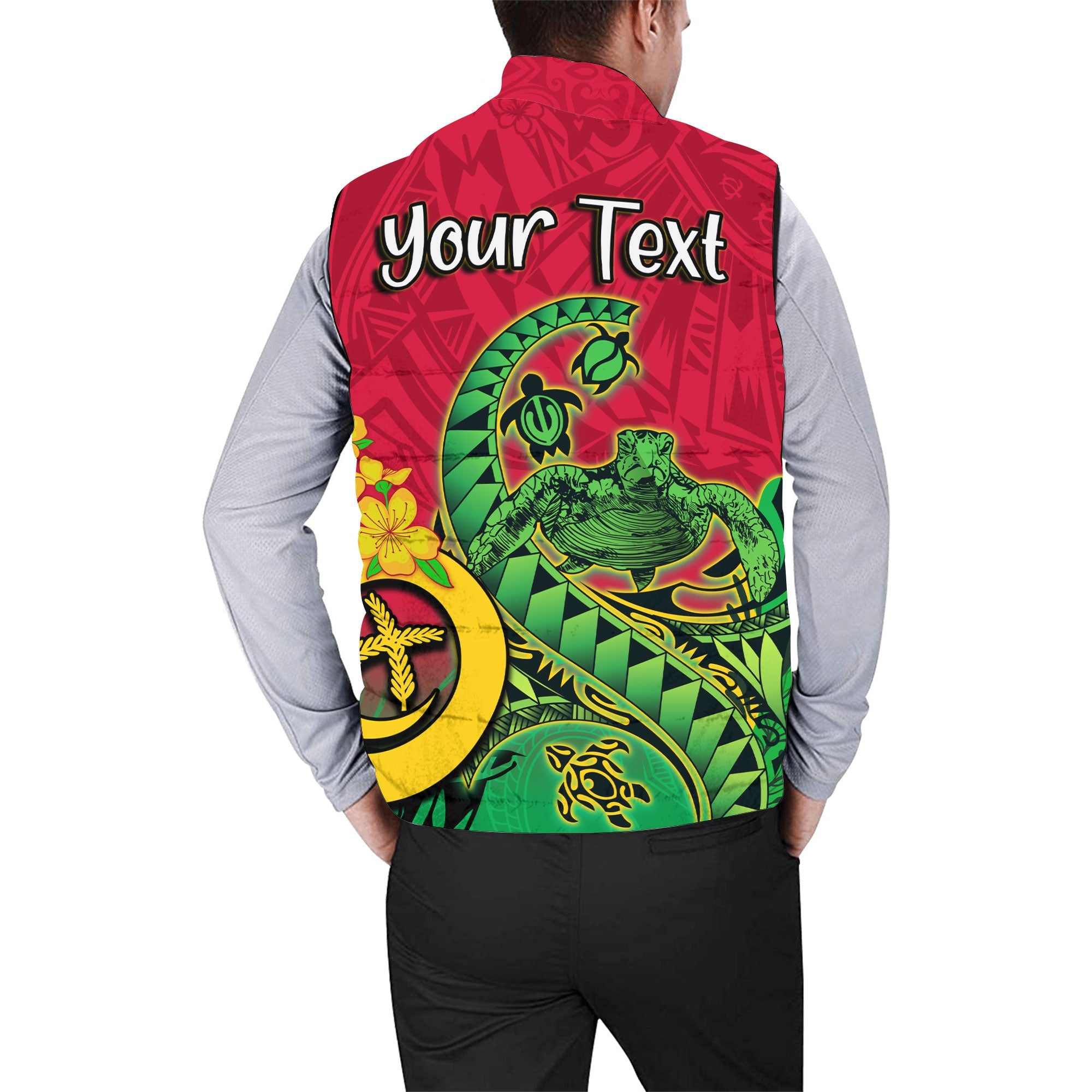 Custom Vanuatu Men Padded Jacket Vest Polynesian Happy Independence Day Turtle Wave