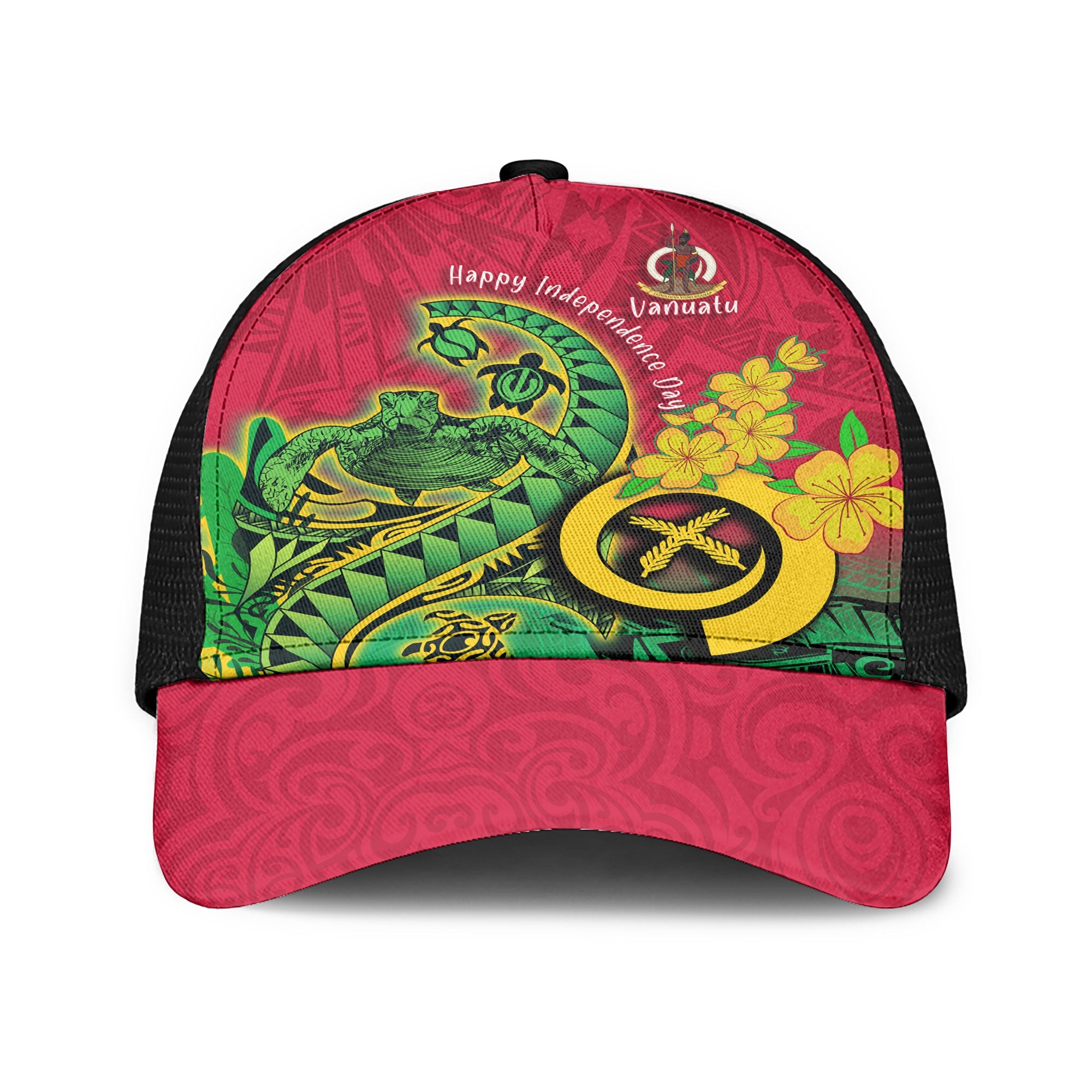 Custom Vanuatu Mesh Back Cap Polynesian Happy Independence Day Turtle Wave