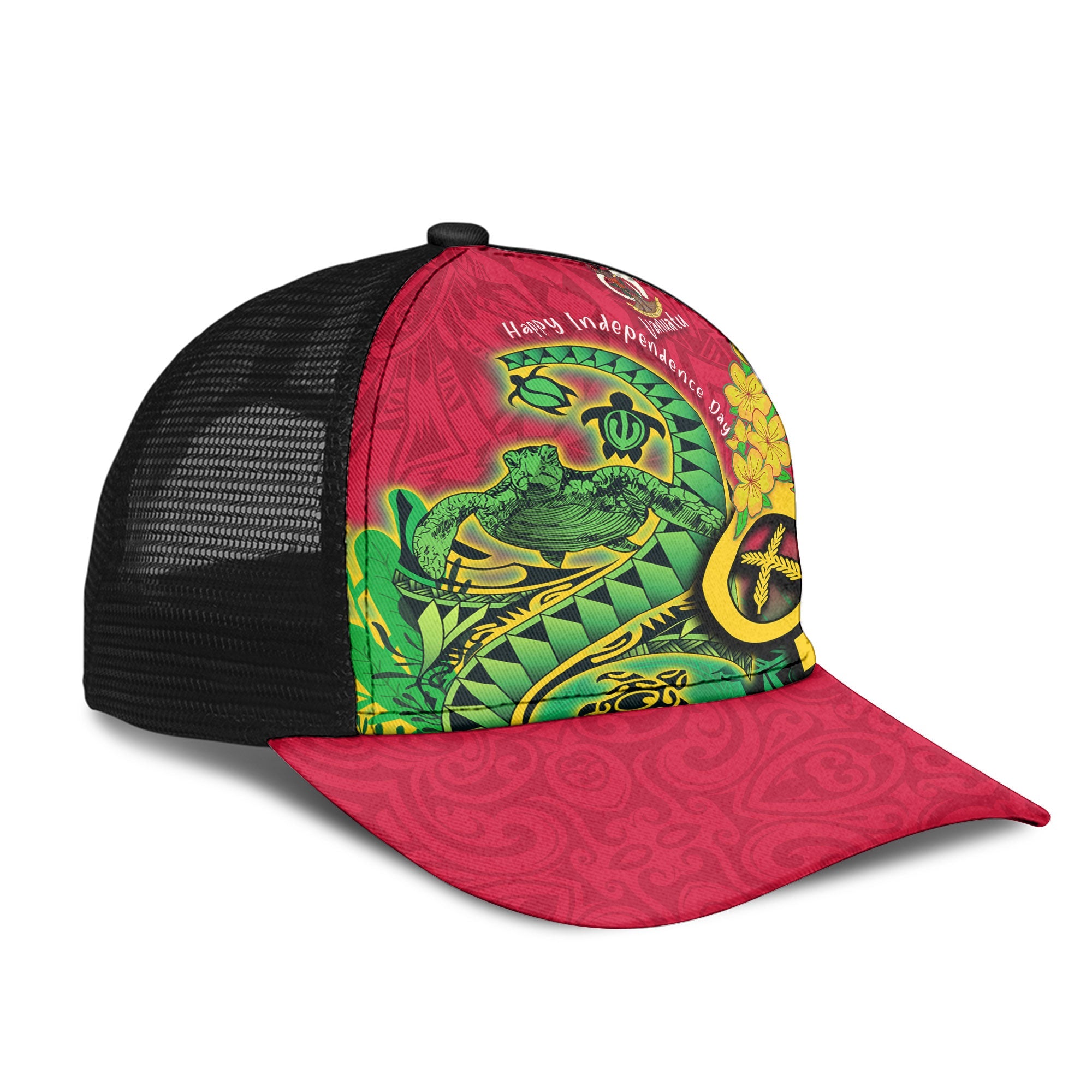 Custom Vanuatu Mesh Back Cap Polynesian Happy Independence Day Turtle Wave