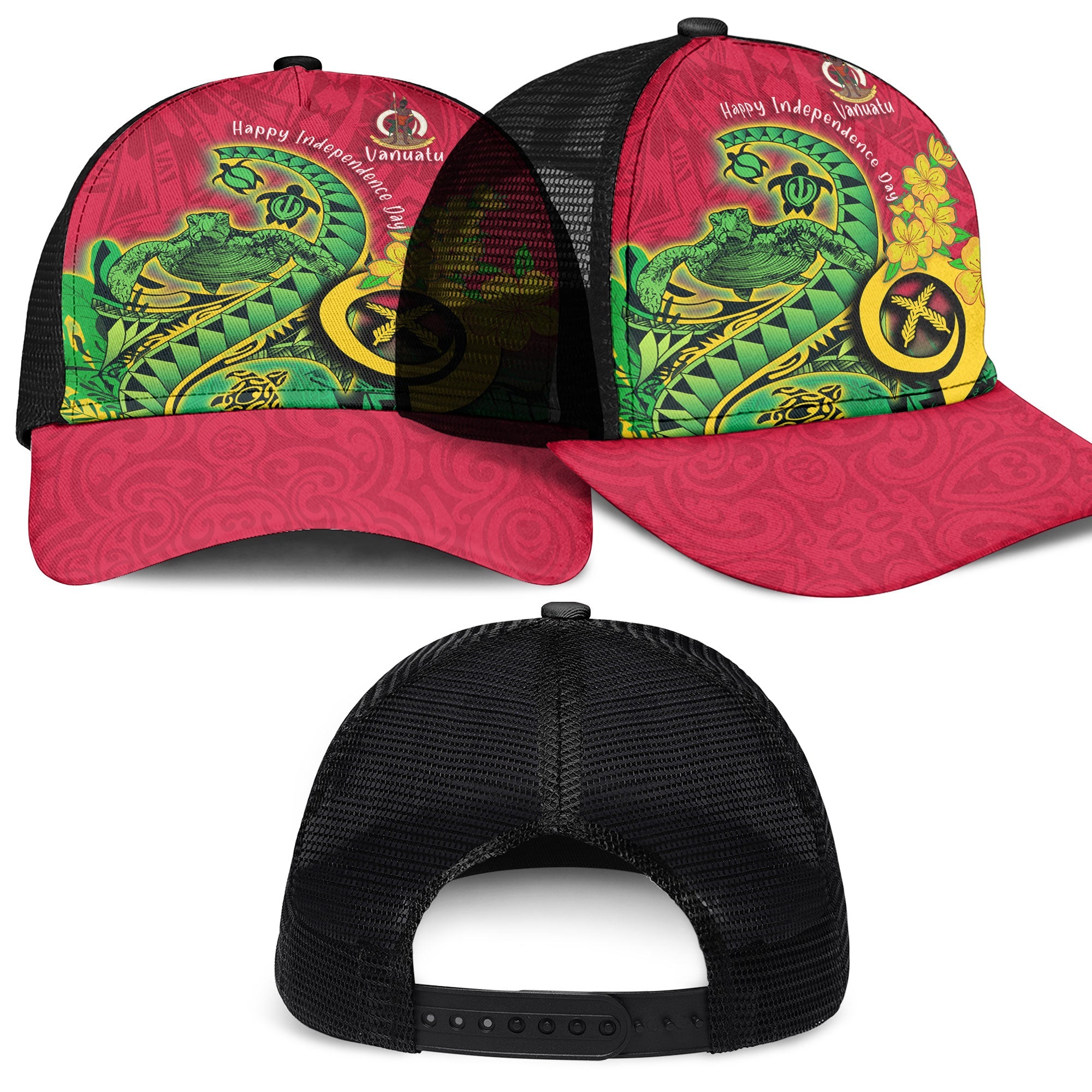 Custom Vanuatu Mesh Back Cap Polynesian Happy Independence Day Turtle Wave