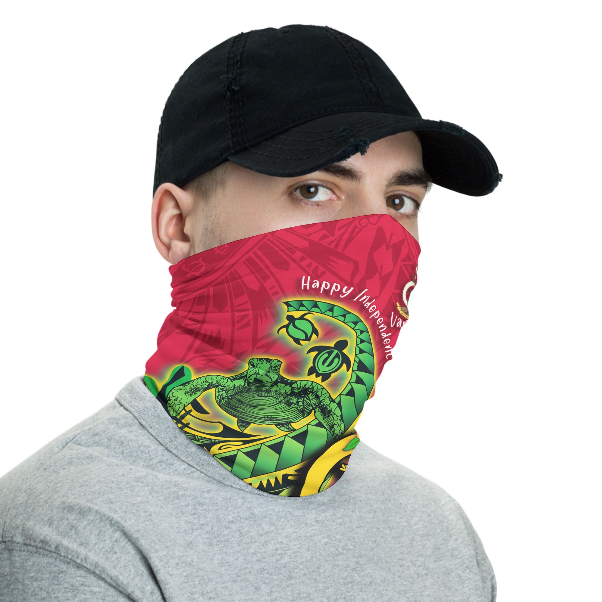 Custom Vanuatu Neck Gaiter Polynesian Happy Independence Day Turtle Wave