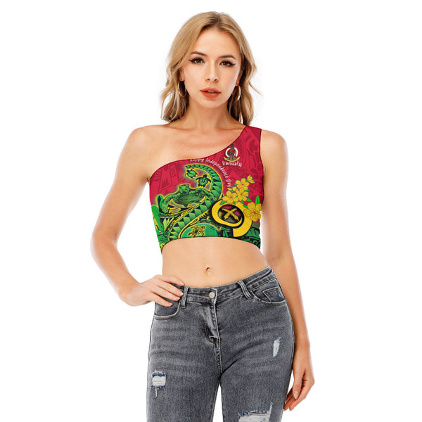 Custom Vanuatu One Shoulder Shirt Polynesian Happy Independence Day Turtle Wave