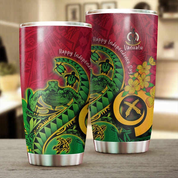 Custom Vanuatu Stainless Steel Glitter Tumbler Polynesian Happy Independence Day Turtle Wave