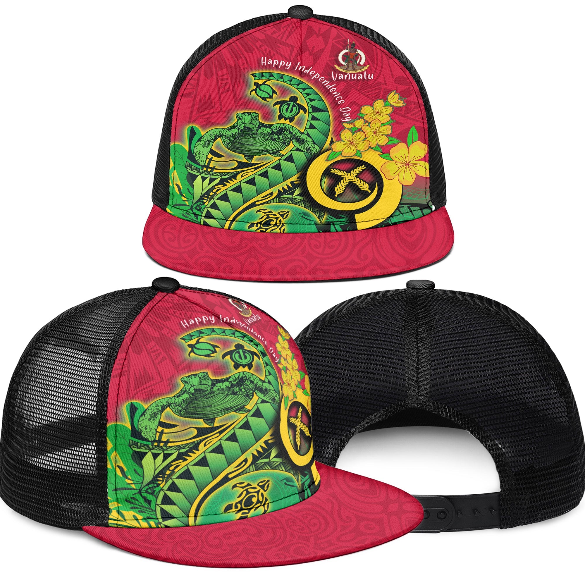 Custom Vanuatu Trucker Hat Polynesian Happy Independence Day Turtle Wave