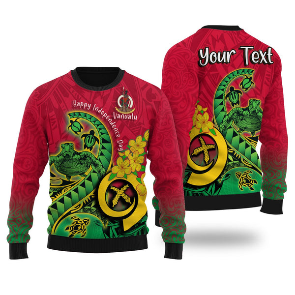 Custom Vanuatu Ugly Sweater Polynesian Happy Independence Day Turtle Wave