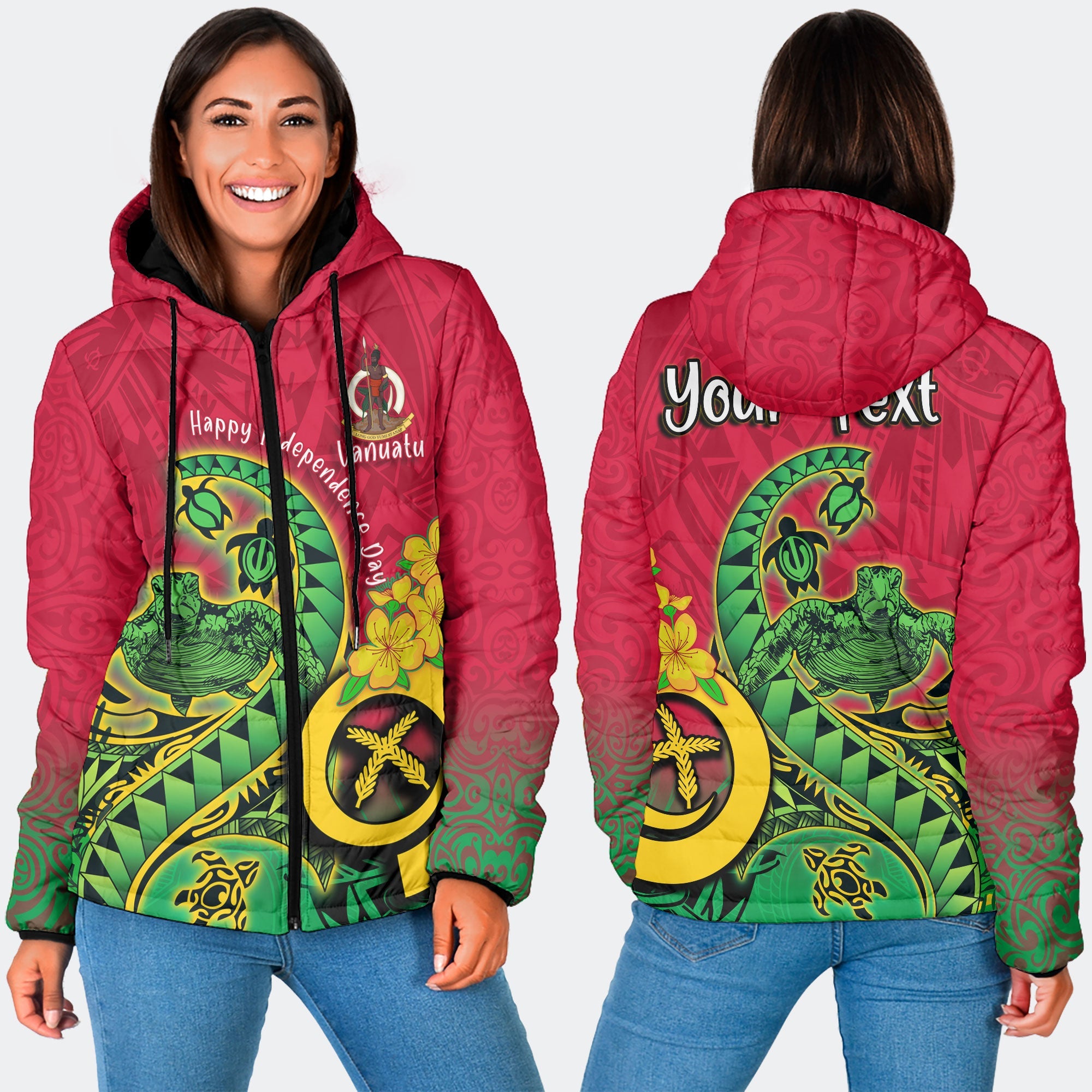 Custom Vanuatu Women Hooded Padded Jacket Polynesian Happy Independence Day Turtle Wave