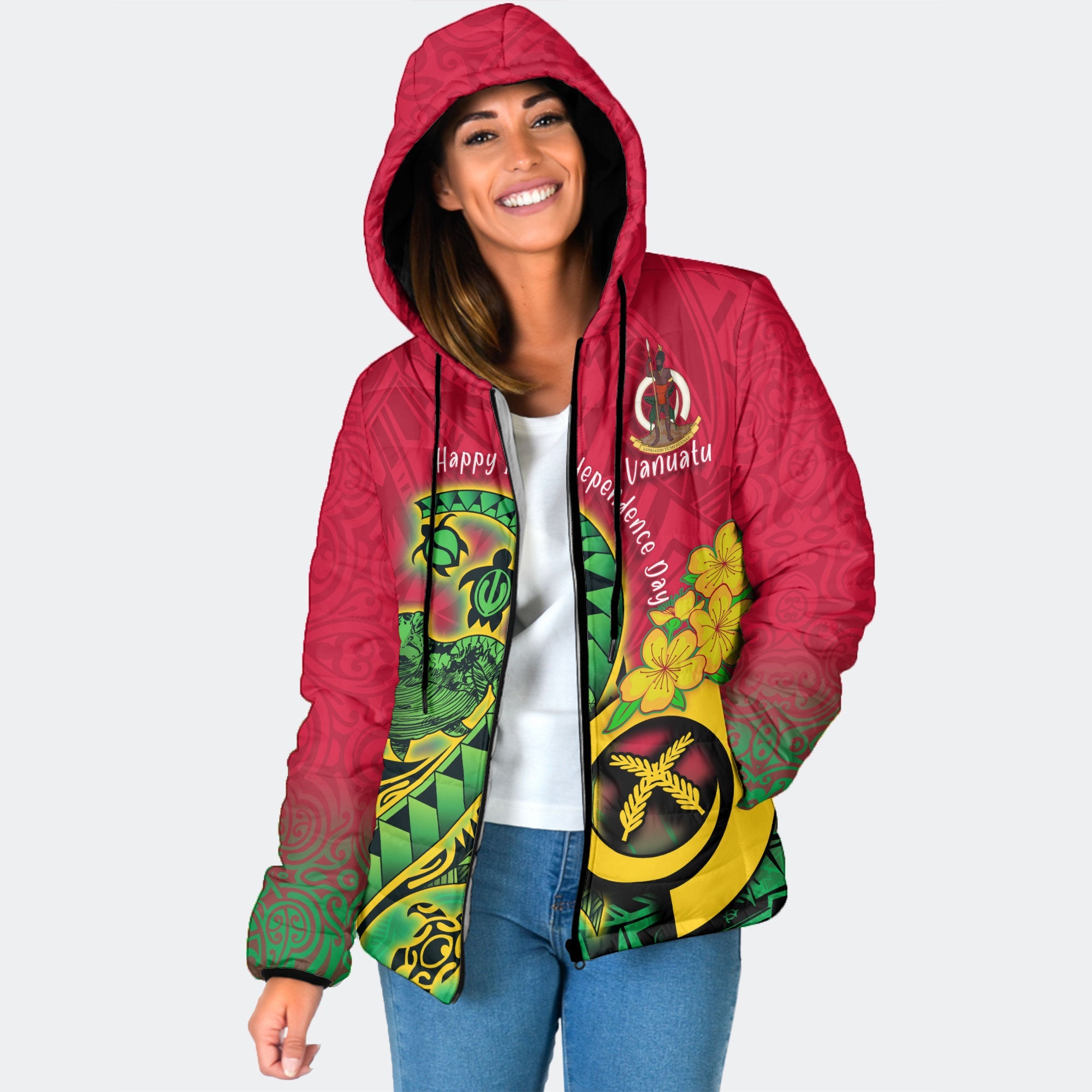 Custom Vanuatu Women Hooded Padded Jacket Polynesian Happy Independence Day Turtle Wave