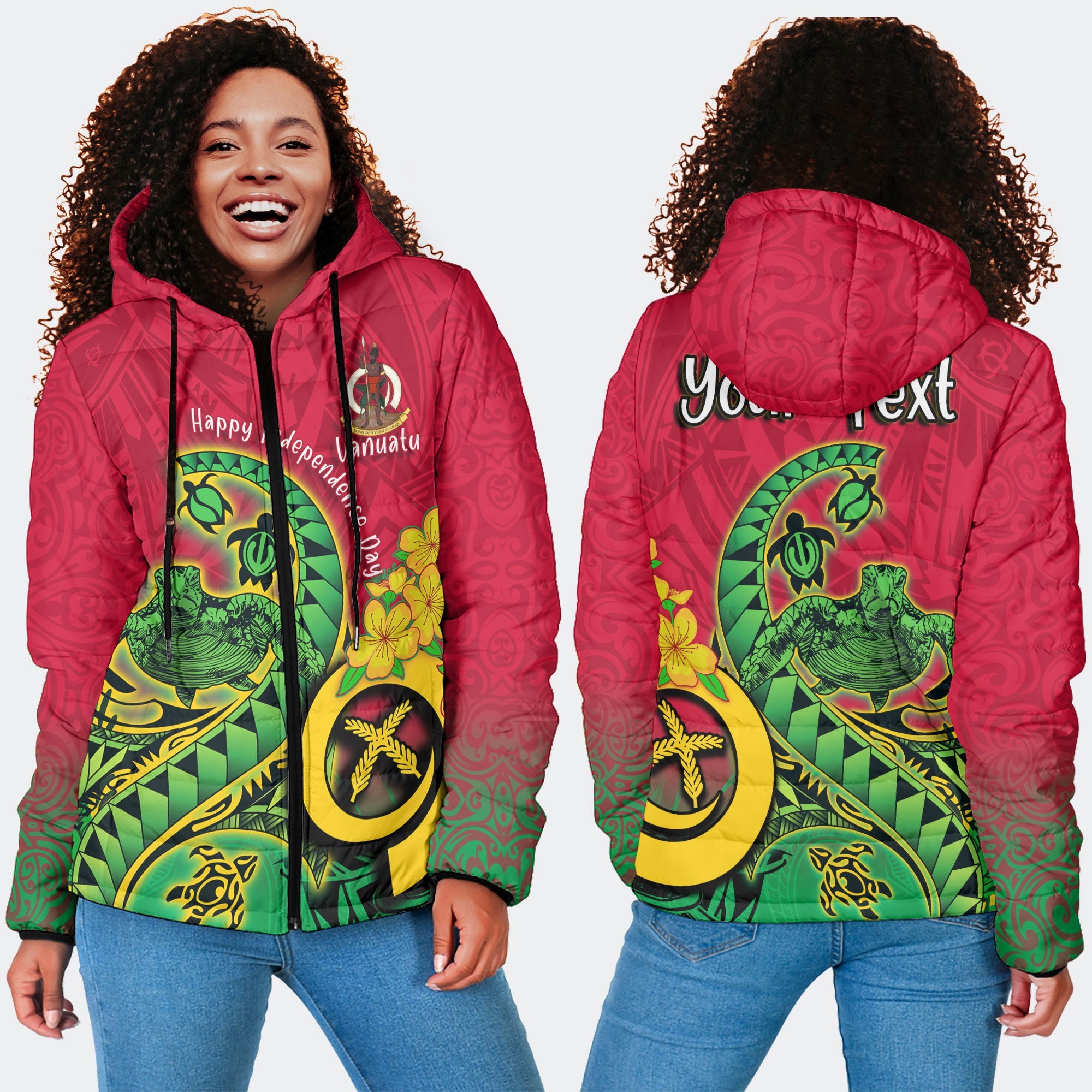 Custom Vanuatu Women Hooded Padded Jacket Polynesian Happy Independence Day Turtle Wave