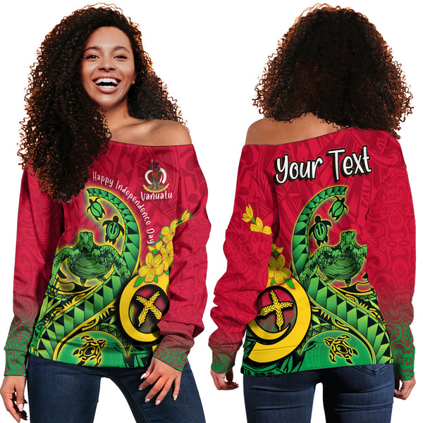 Custom Vanuatu Women Off Shoulder Sweatshirt Polynesian Happy Independence Day Turtle Wave