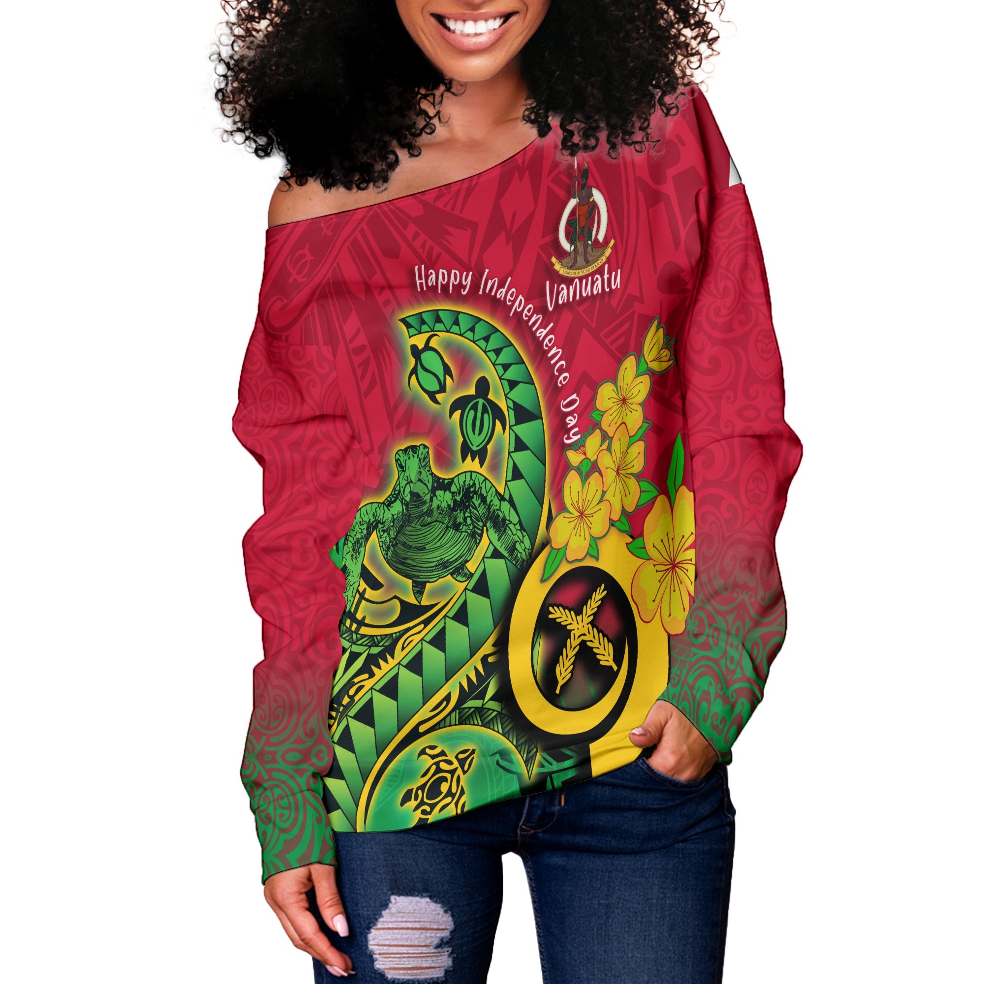 Custom Vanuatu Women Off Shoulder Sweatshirt Polynesian Happy Independence Day Turtle Wave