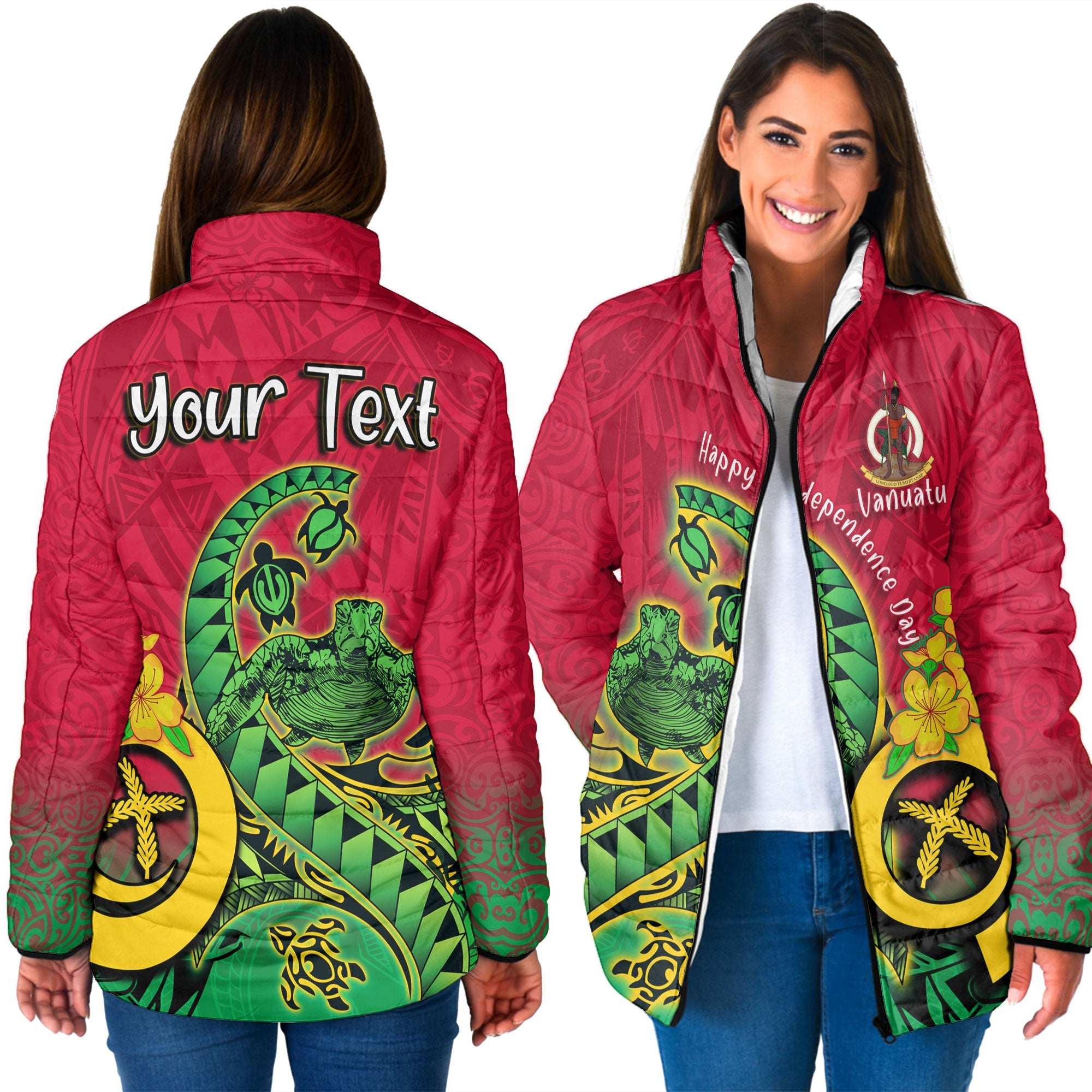 Custom Vanuatu Women Padded Jacket Polynesian Happy Independence Day Turtle Wave