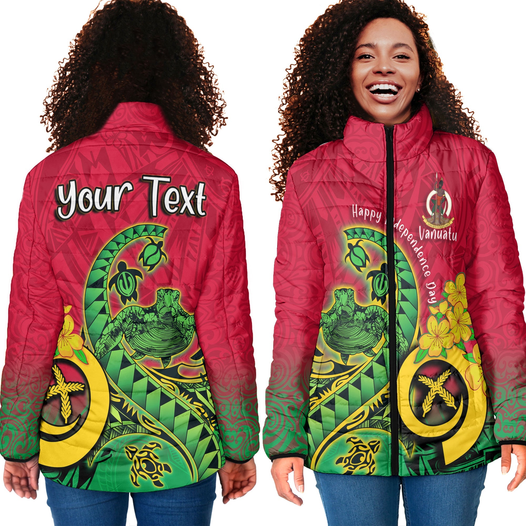 Custom Vanuatu Women Padded Jacket Polynesian Happy Independence Day Turtle Wave