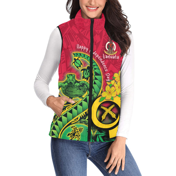 Custom Vanuatu Women Padded Jacket Vest Polynesian Happy Independence Day Turtle Wave